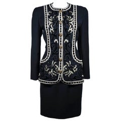 Vintage Oscar De La Renta Couture Embellished Black Wool Skirt Suit 