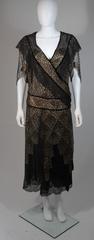 1920's Custom Black and Gold Lace Velvet Trimmed Draped Dress