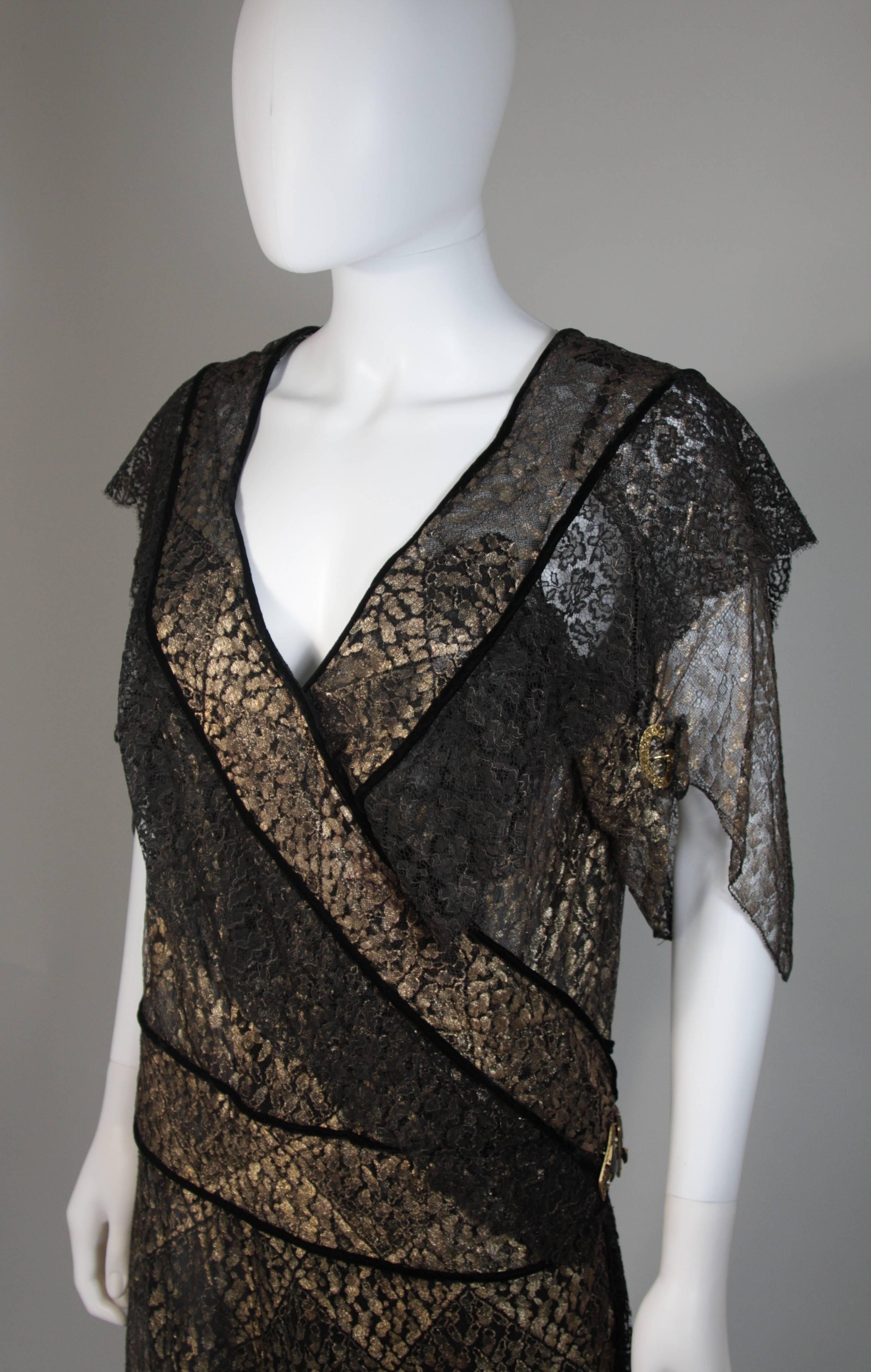 1920's Custom Black and Gold Lace Velvet Trimmed Draped Dress In Excellent Condition For Sale In Los Angeles, CA