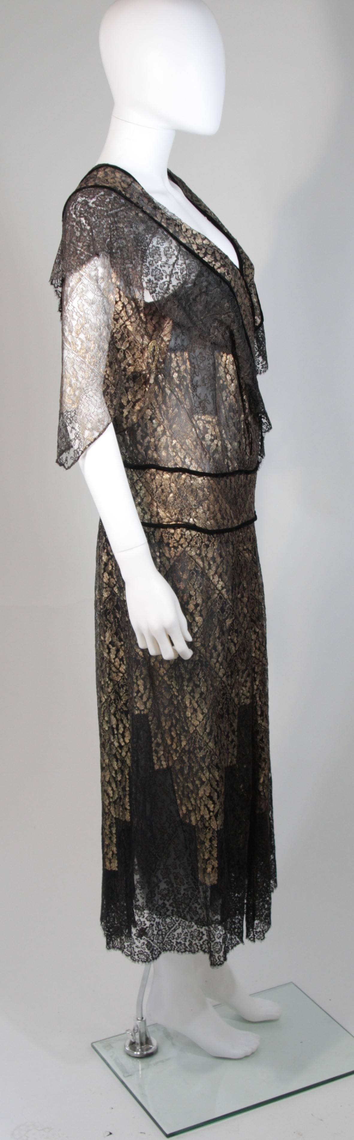 1920's Custom Black and Gold Lace Velvet Trimmed Draped Dress For Sale 1
