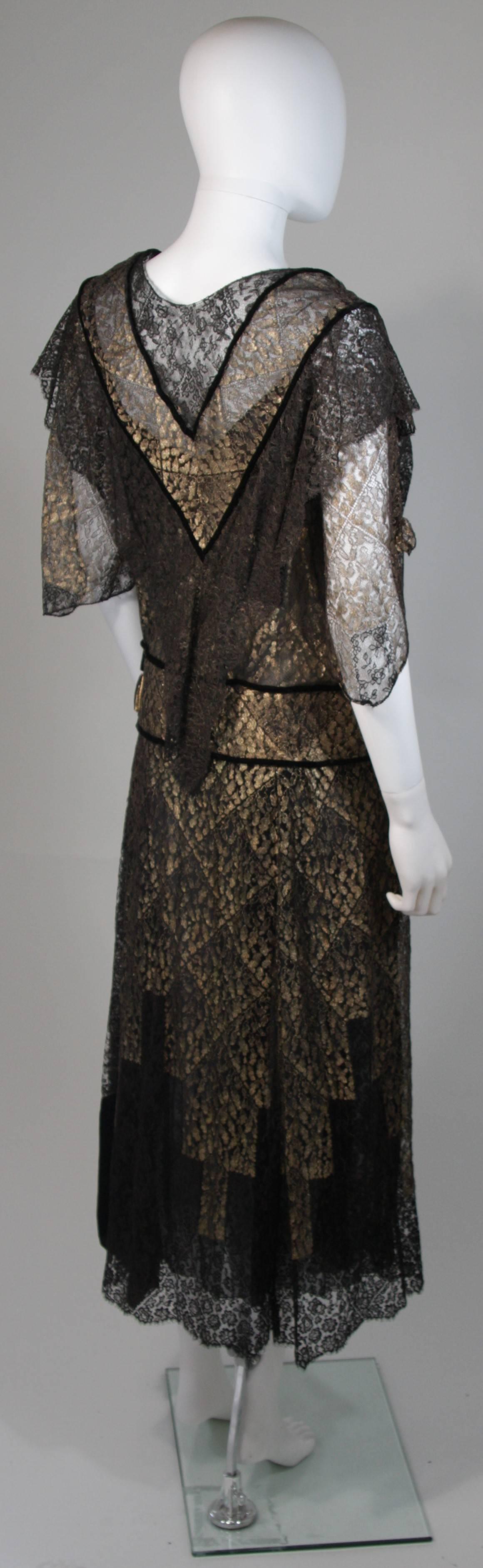 1920's Custom Black and Gold Lace Velvet Trimmed Draped Dress For Sale 2