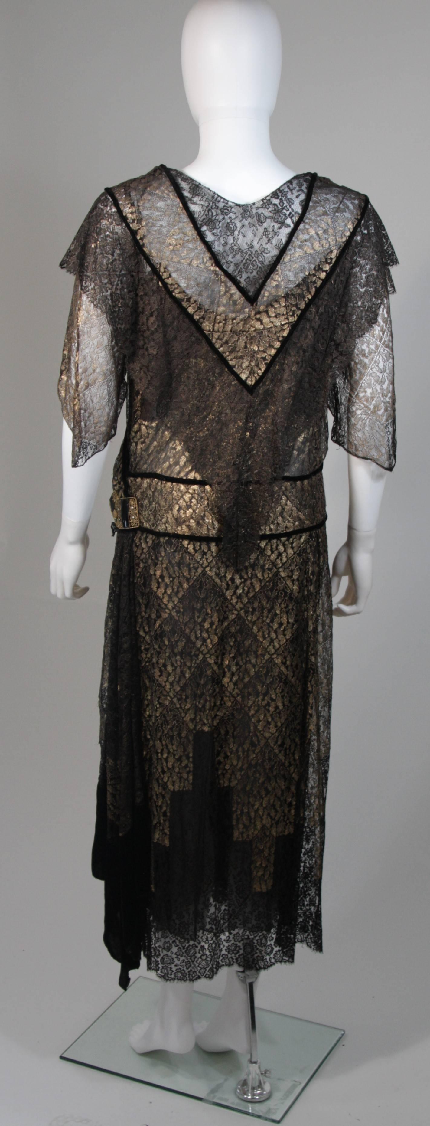 1920's Custom Black and Gold Lace Velvet Trimmed Draped Dress For Sale 3