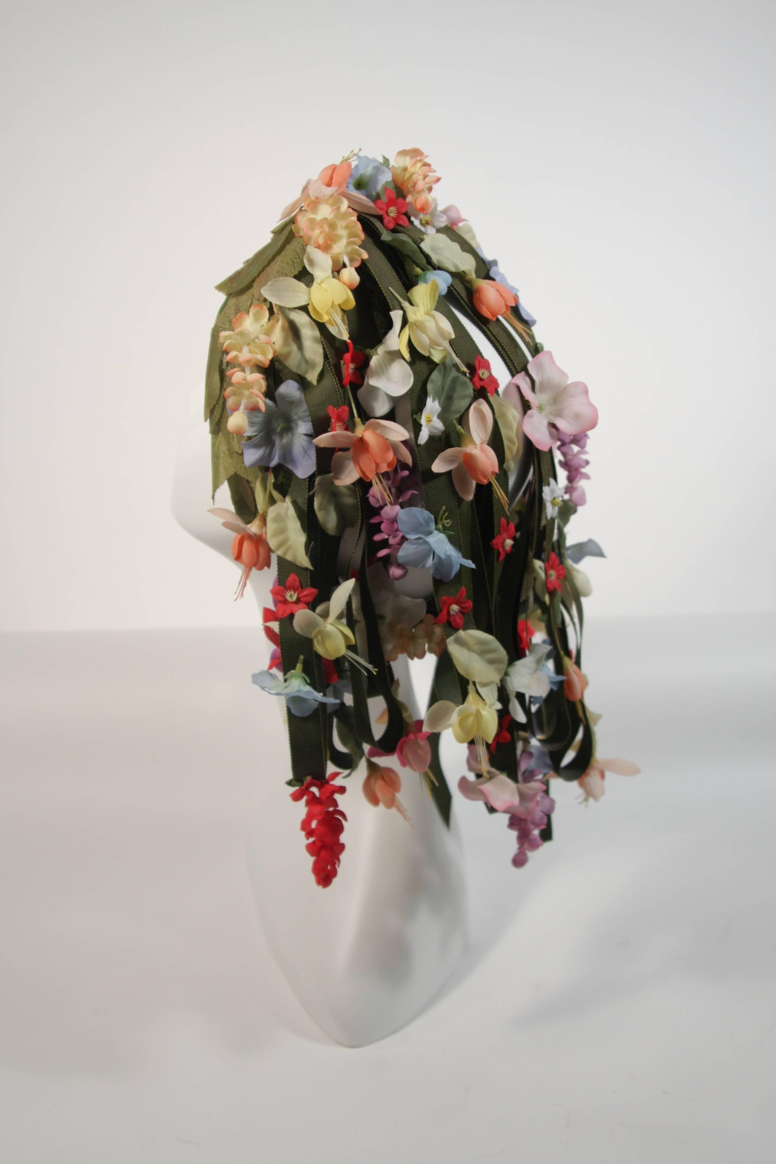 Beige Jack McConnell Cascading Floral Hat with Green Ribbons