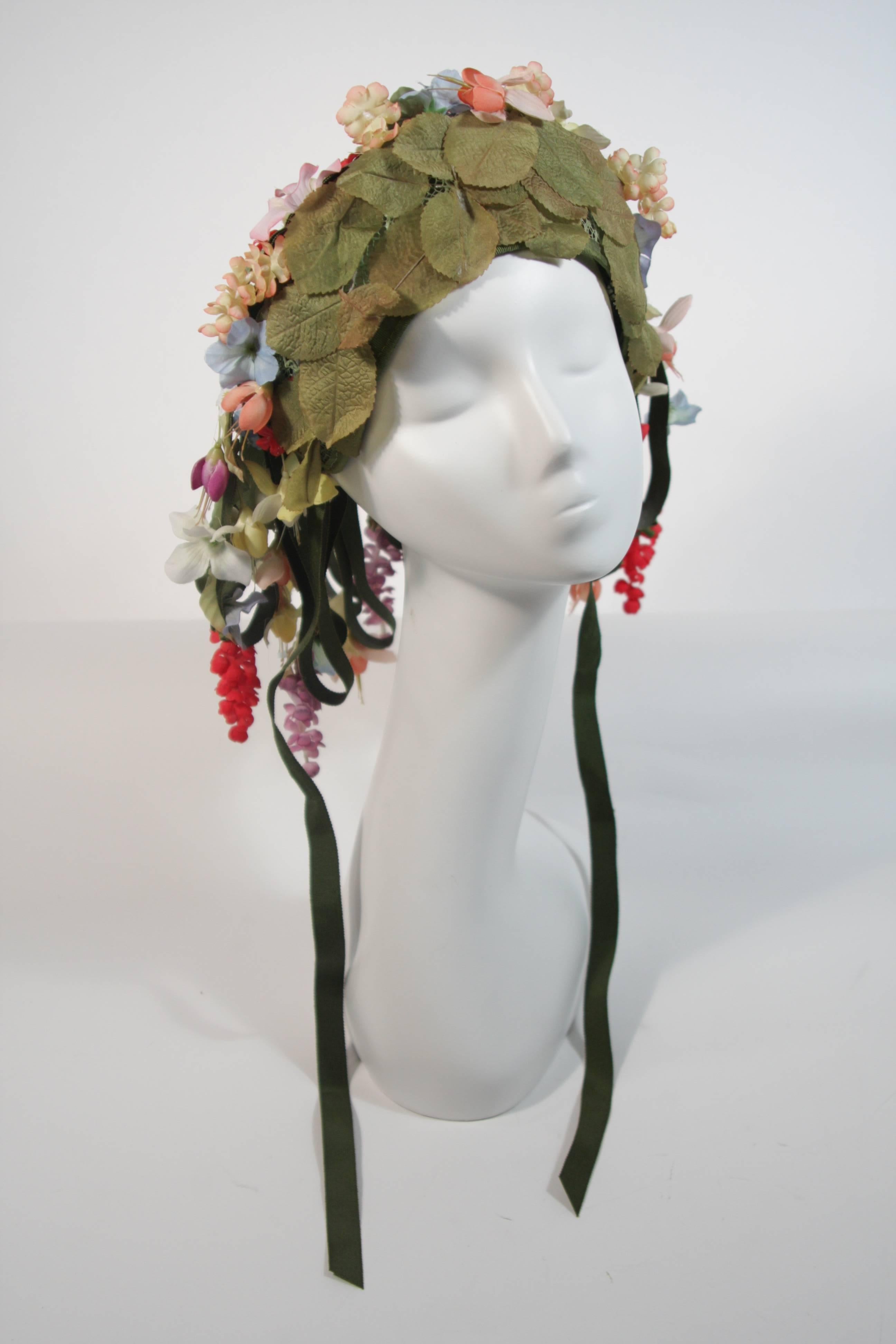 Jack McConnell Cascading Floral Hat with Green Ribbons 1