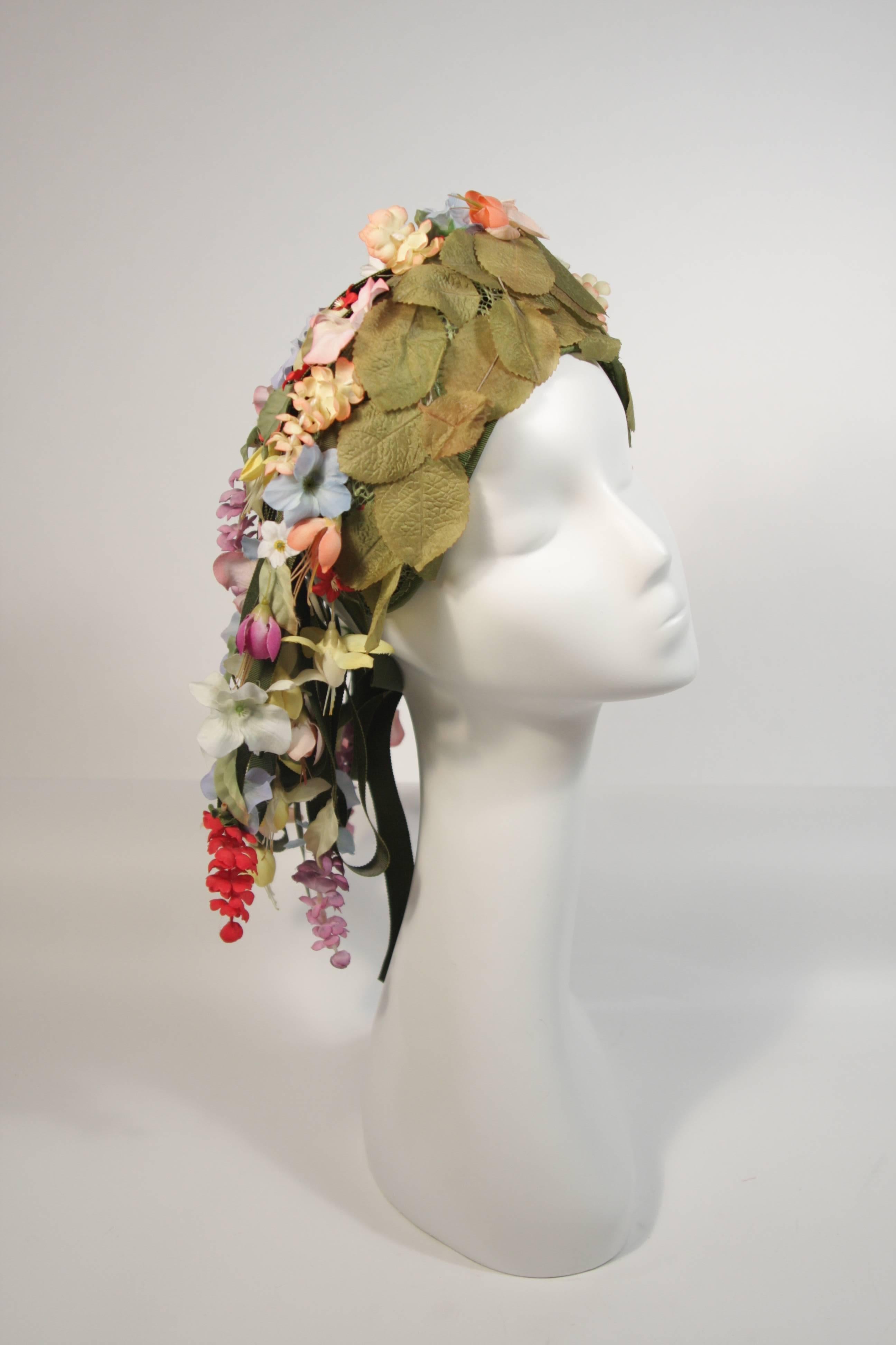 Jack McConnell Cascading Floral Hat with Green Ribbons In Excellent Condition In Los Angeles, CA