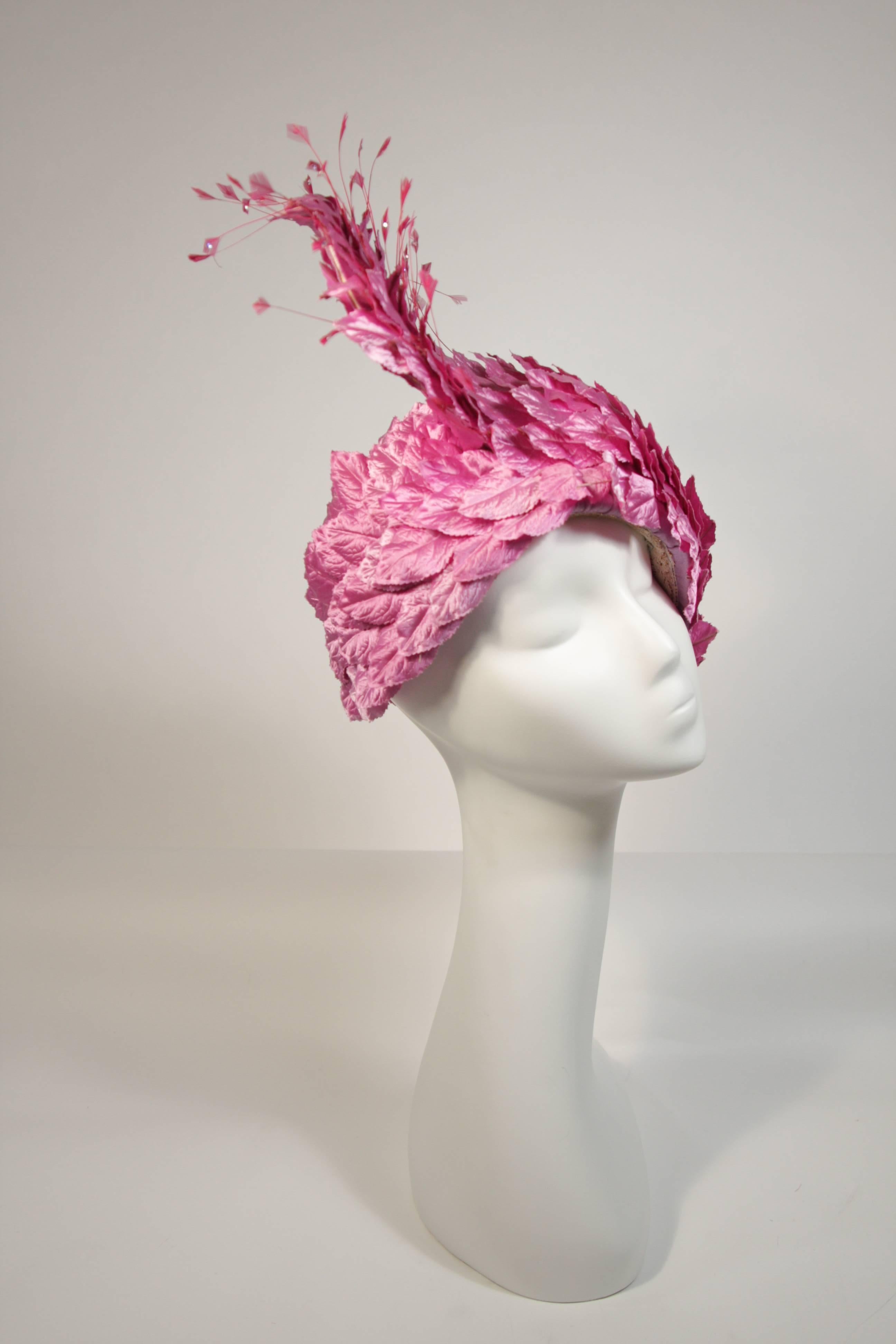 Purple Jack McConnell Pink Leaf Hat with Rhinestones and Feathers Excellent Condition