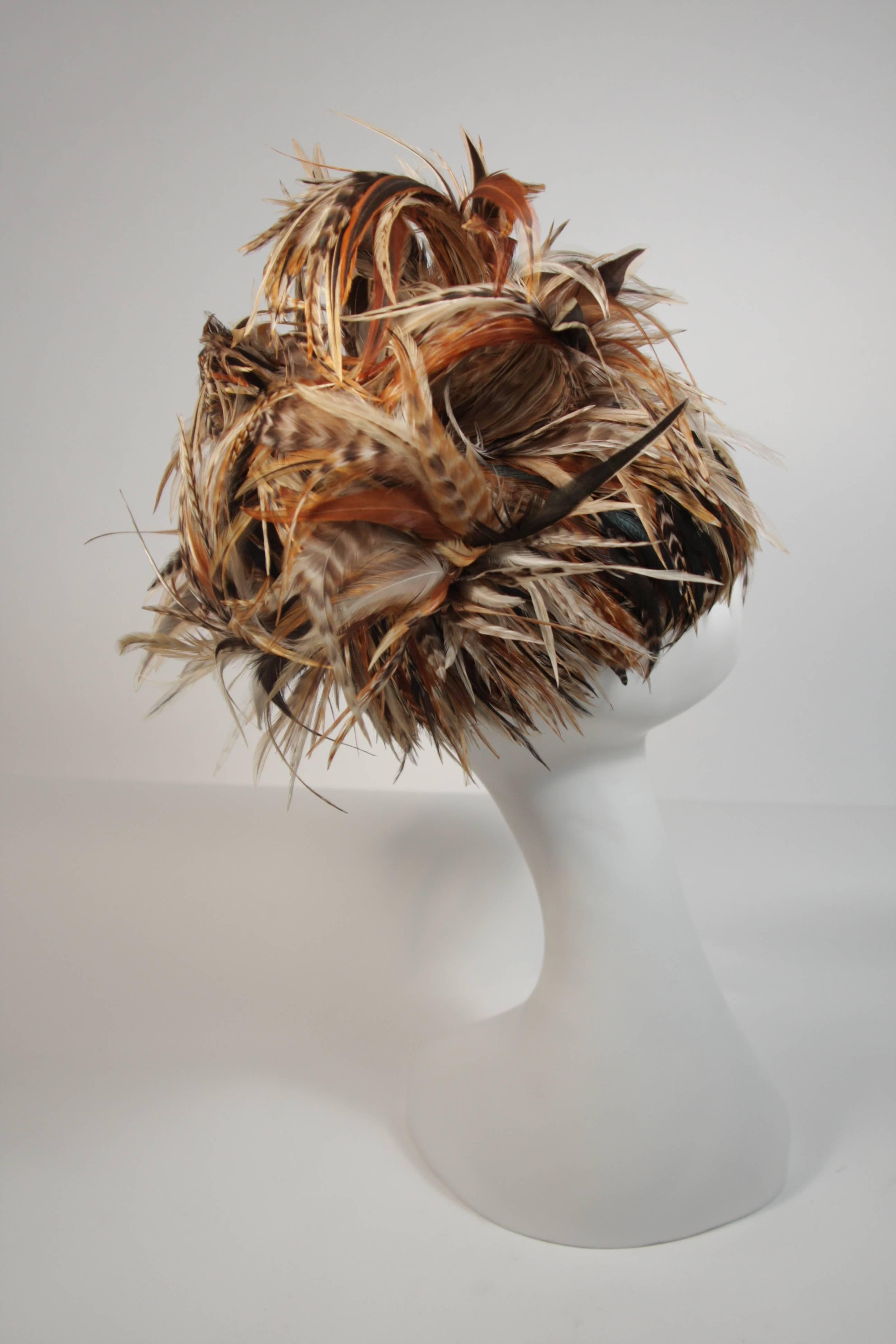 Jack McConnell Brown Orange and Oatmeal Feather Hat Excellent Condition In Excellent Condition In Los Angeles, CA