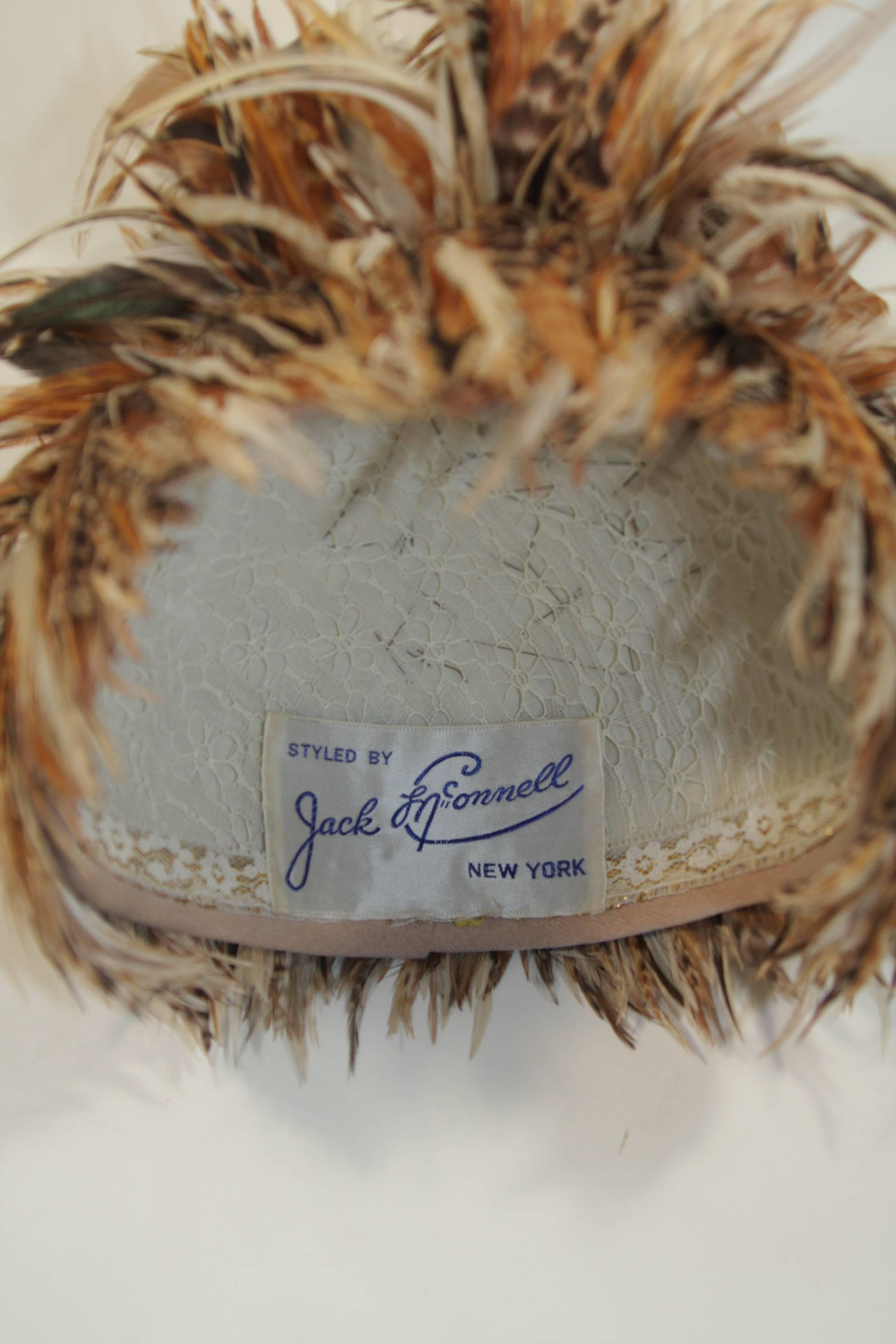 Jack McConnell Brown Orange and Oatmeal Feather Hat Excellent Condition 1