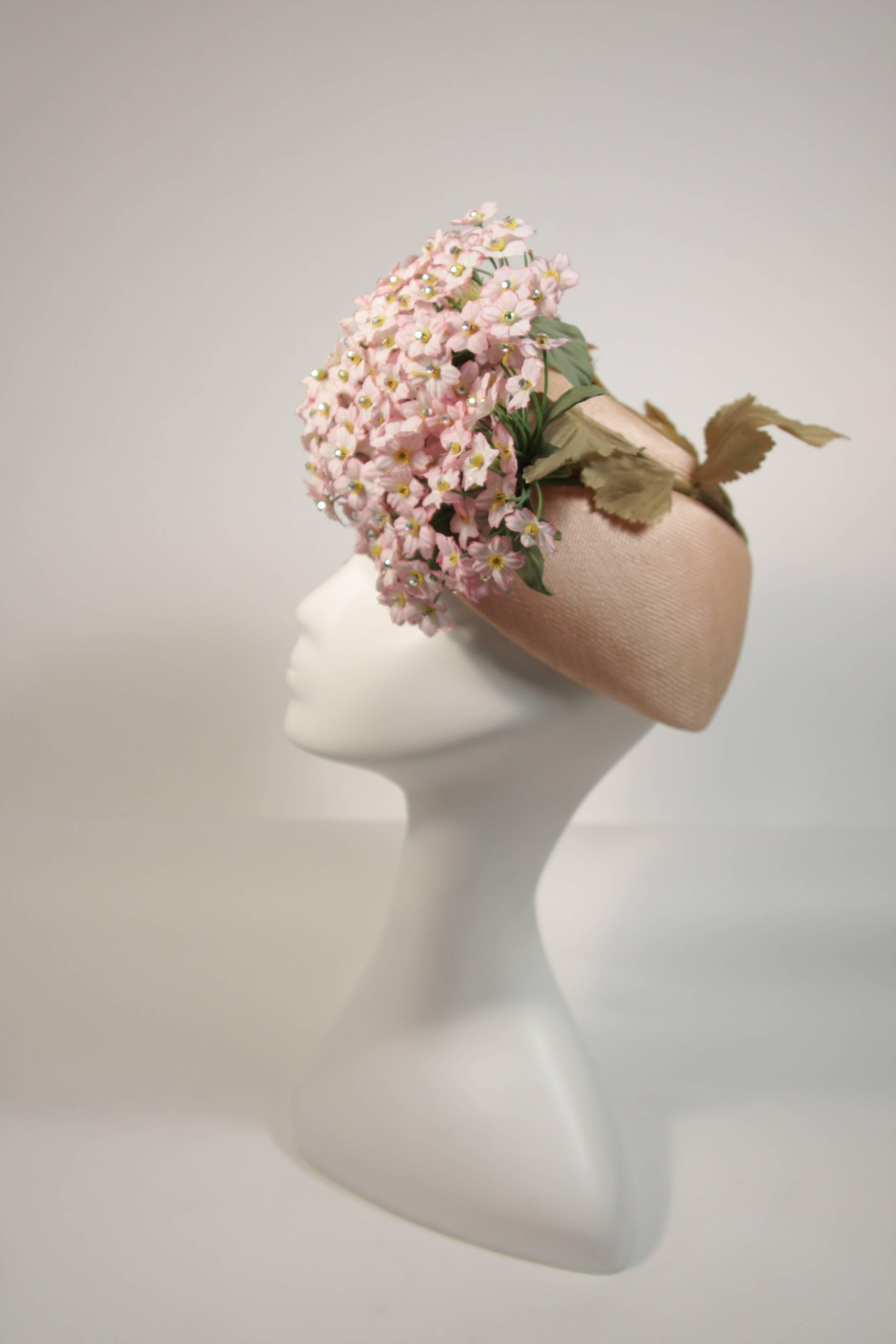 Jack McConnell Pink Bouquet Hat with Pink Flowers and Rhinestones Excellent In Excellent Condition In Los Angeles, CA