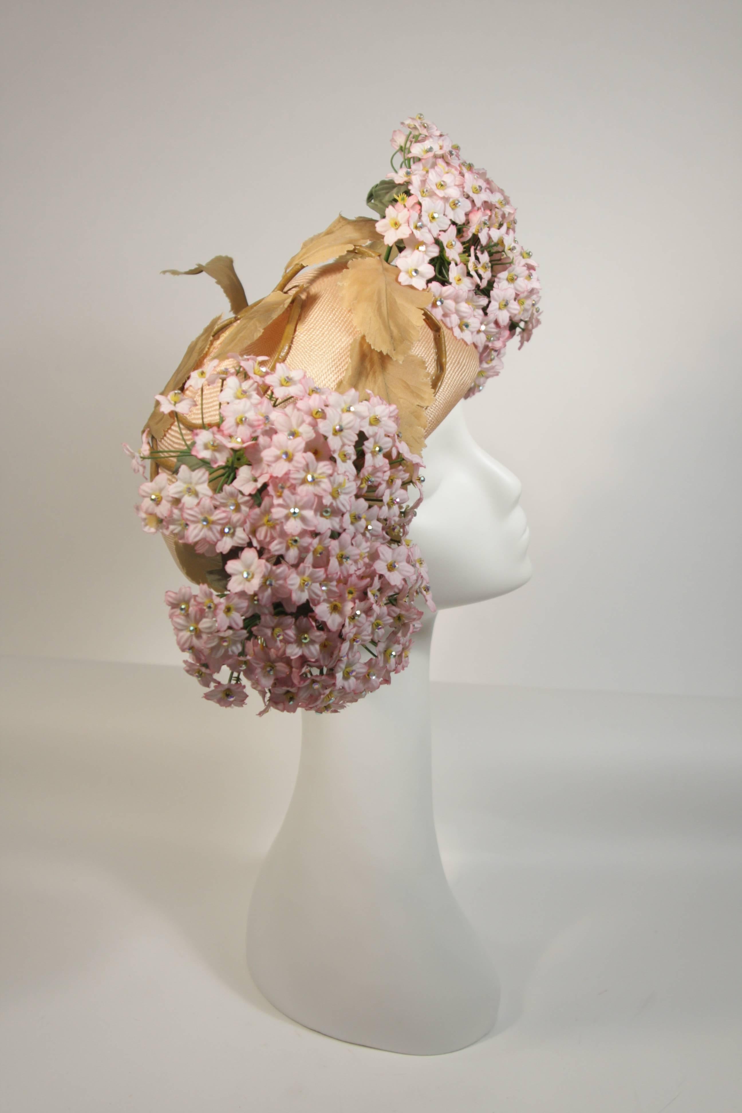 Beige Jack McConnell Pink Bouquet Hat with Pink Flowers and Rhinestones Excellent