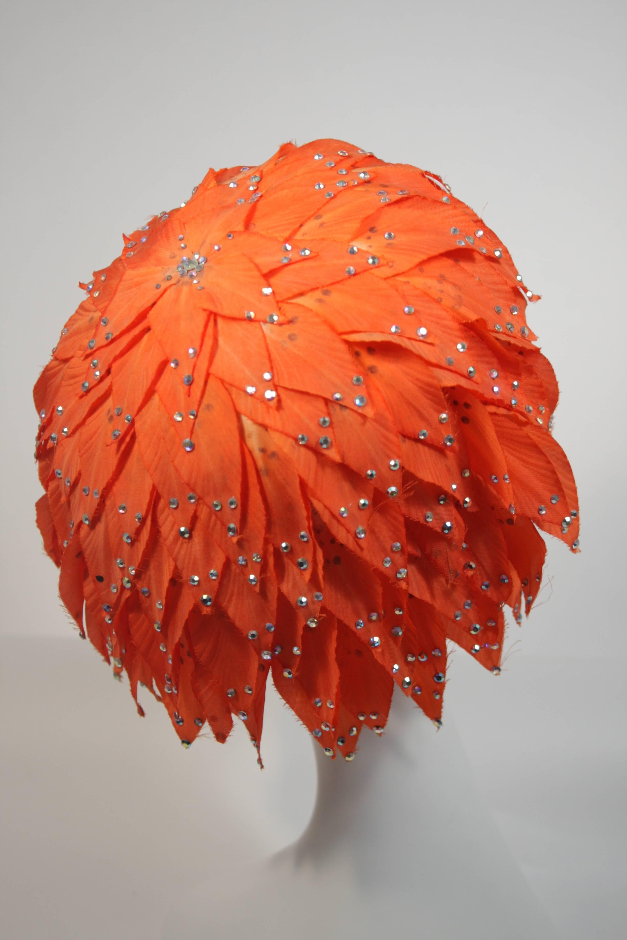 Jack McConnell Orange Petal Hat with Rhinestones In Good Condition In Los Angeles, CA