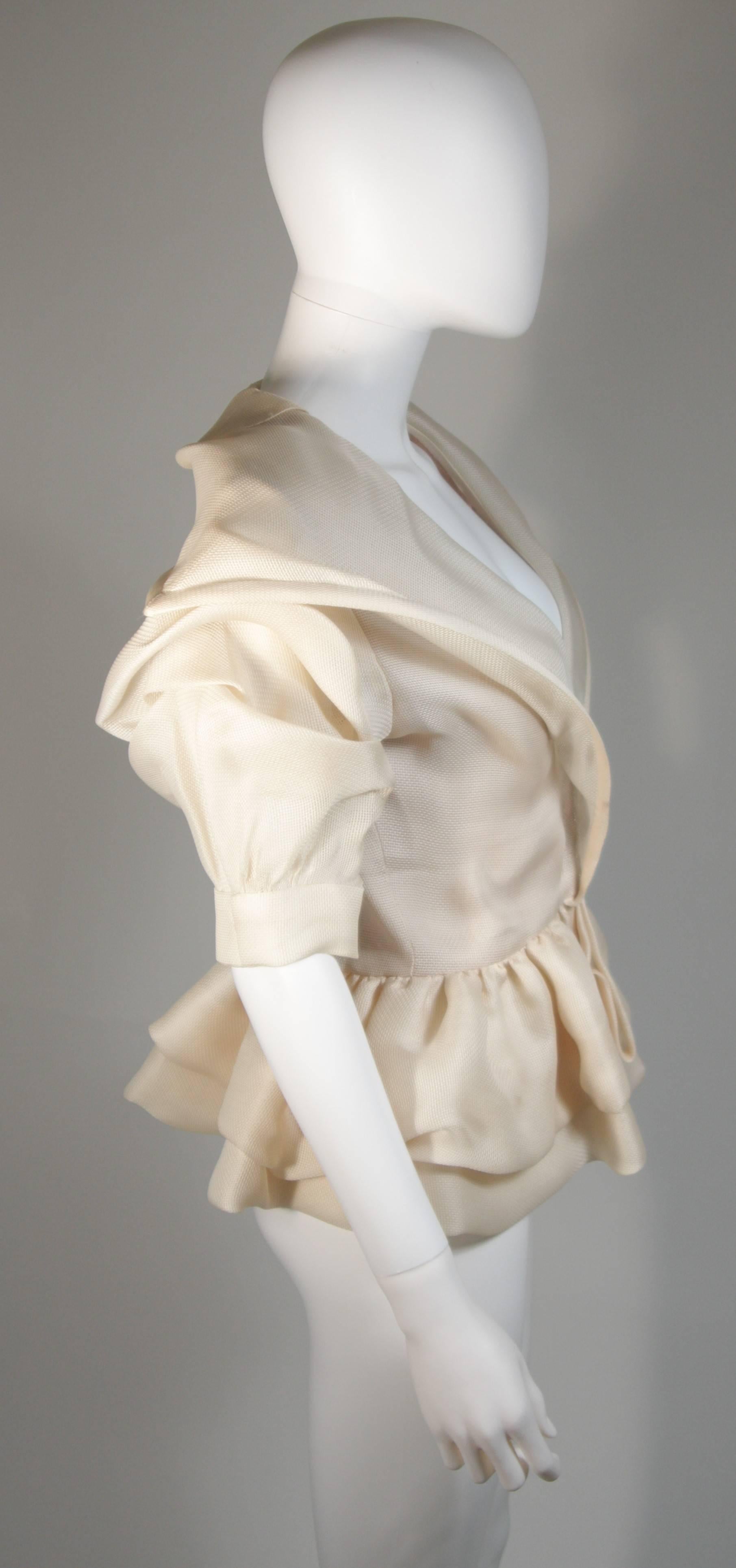 PAUL LOUIS ORRIER Paris Ruffled Ivory Cream Jacket with Structured Hem Size 40 In Excellent Condition For Sale In Los Angeles, CA