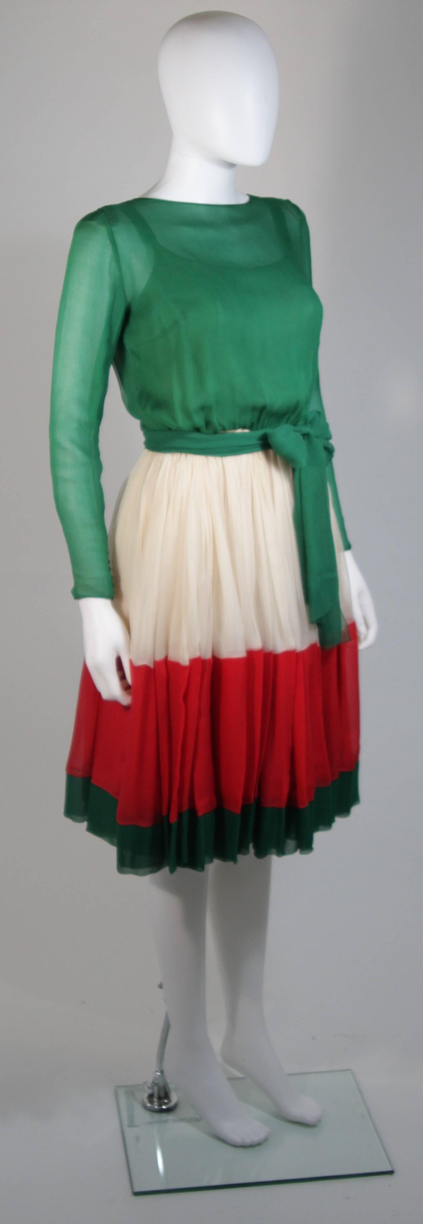 Black Galanos Attributed Silk Chiffon Green Red Cream Cocktail Dress Size Small Medium For Sale