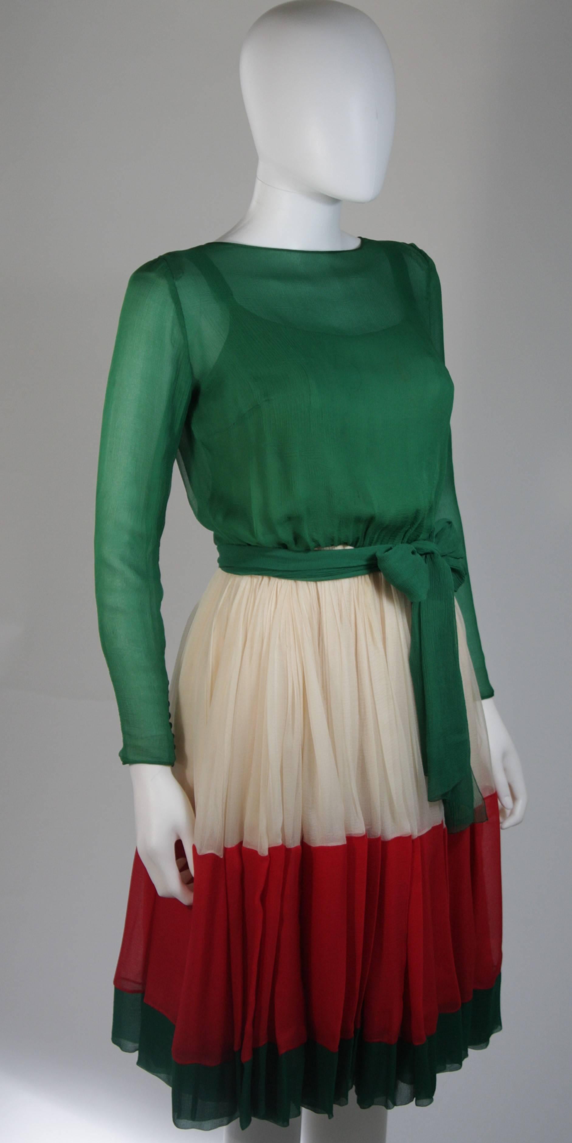 Galanos Attributed Silk Chiffon Green Red Cream Cocktail Dress Size Small Medium In Excellent Condition For Sale In Los Angeles, CA