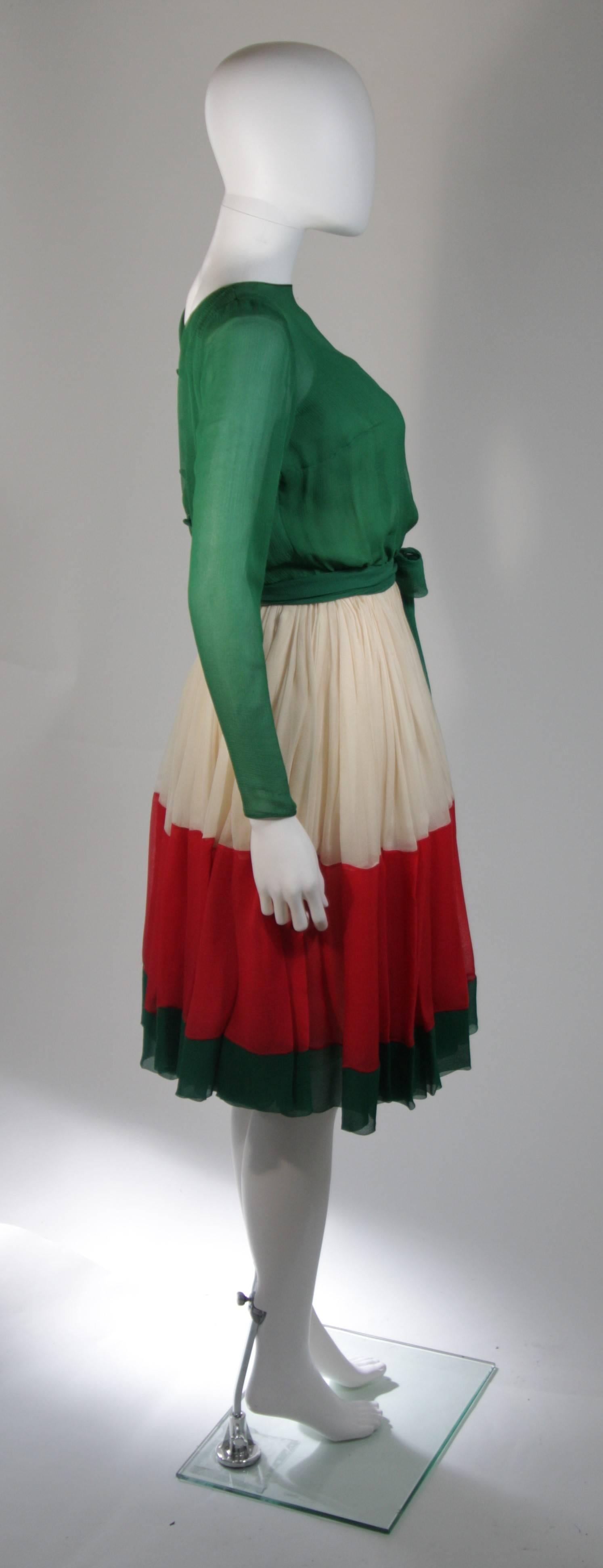 Women's Galanos Attributed Silk Chiffon Green Red Cream Cocktail Dress Size Small Medium For Sale