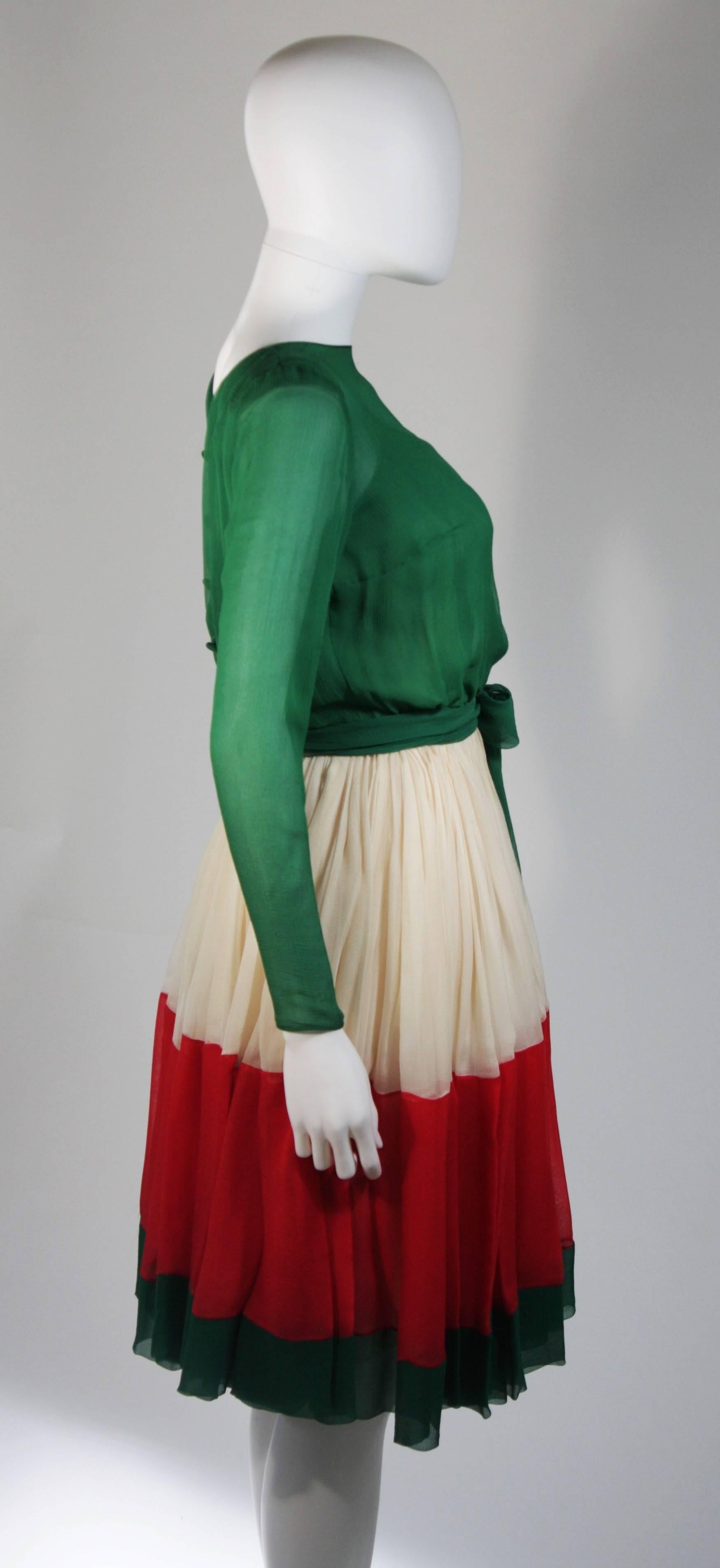 Galanos Attributed Silk Chiffon Green Red Cream Cocktail Dress Size Small Medium For Sale 1