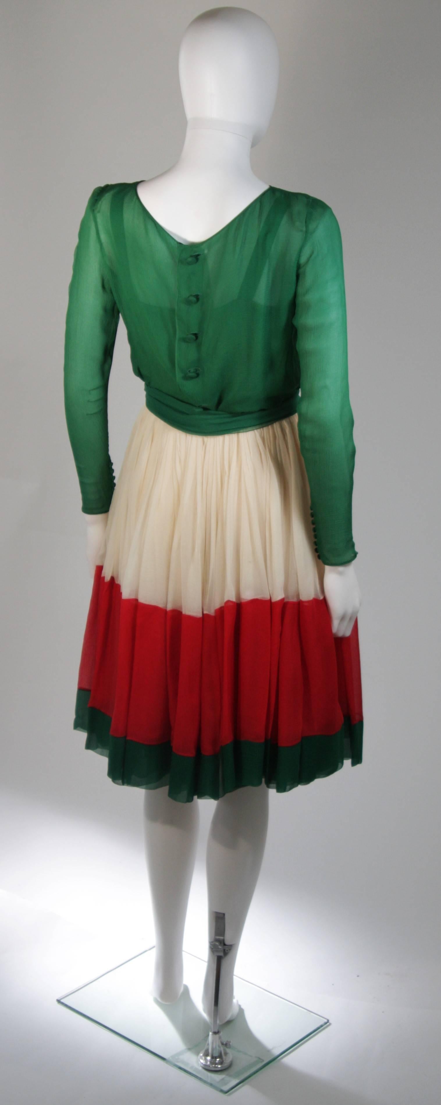 Galanos Attributed Silk Chiffon Green Red Cream Cocktail Dress Size Small Medium For Sale 2