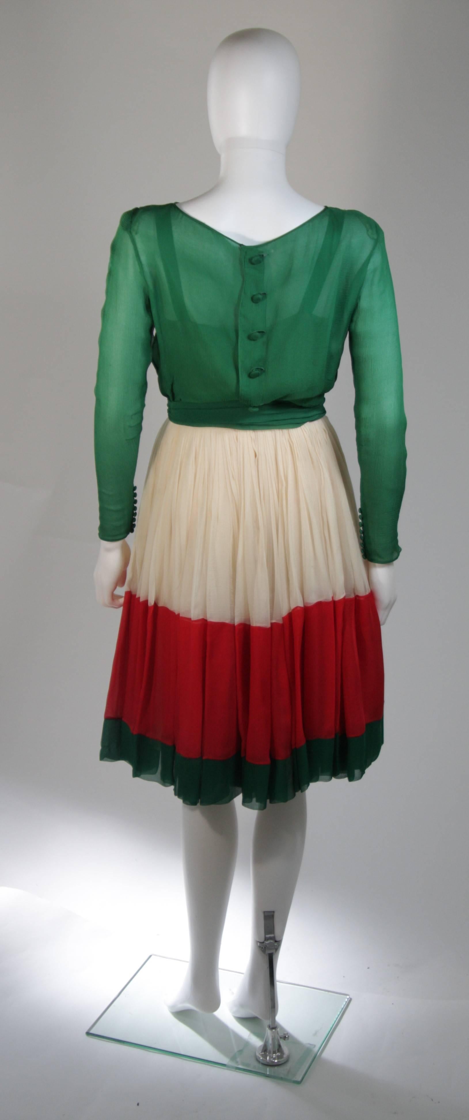 Galanos Attributed Silk Chiffon Green Red Cream Cocktail Dress Size Small Medium For Sale 3