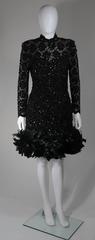 Travilla Black Sequin Beaded Cocktail Dress with Feather Hem Size Small Medium