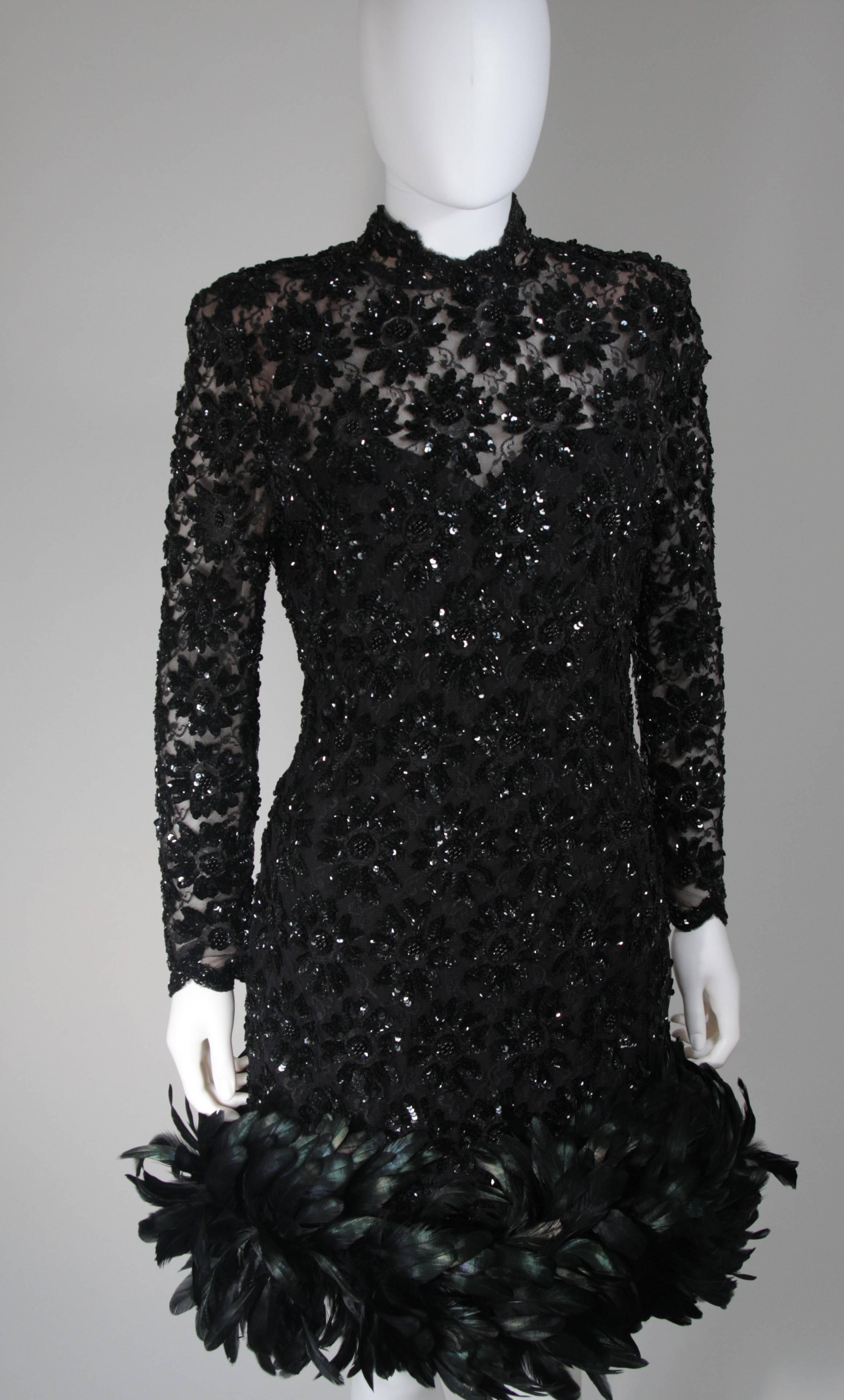 black sequin dress with feathers