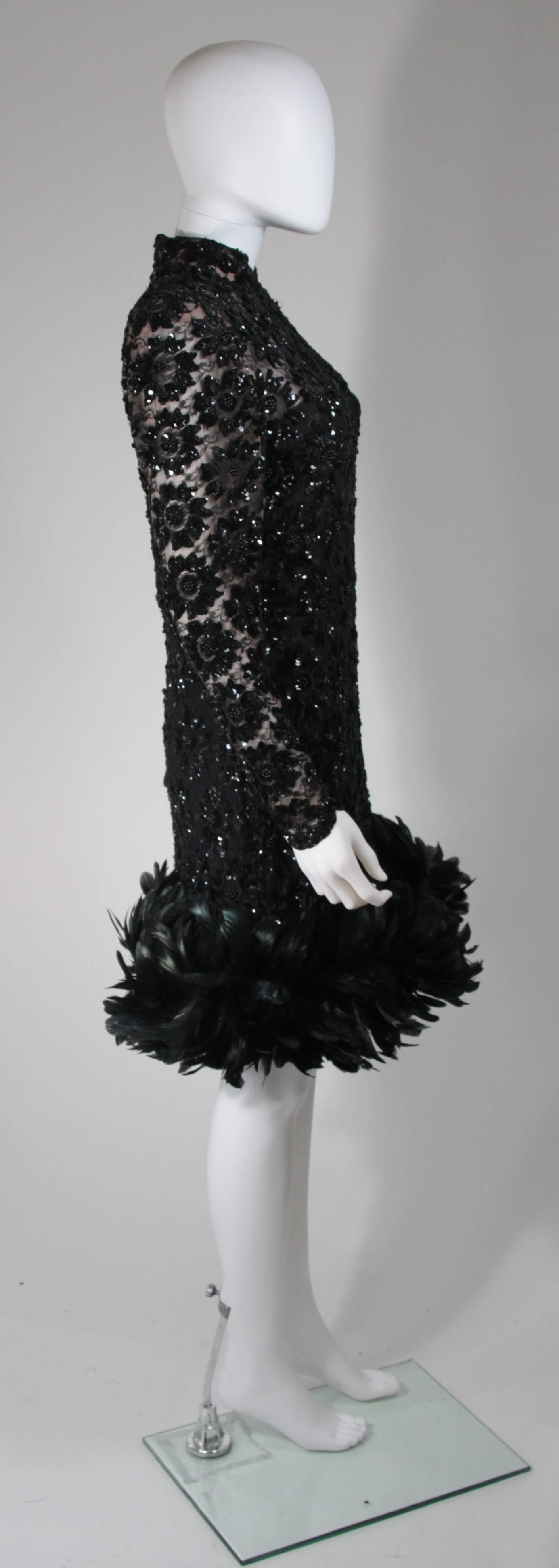 Travilla Black Sequin Beaded Cocktail Dress with Feather Hem Size Small Medium In Excellent Condition For Sale In Los Angeles, CA