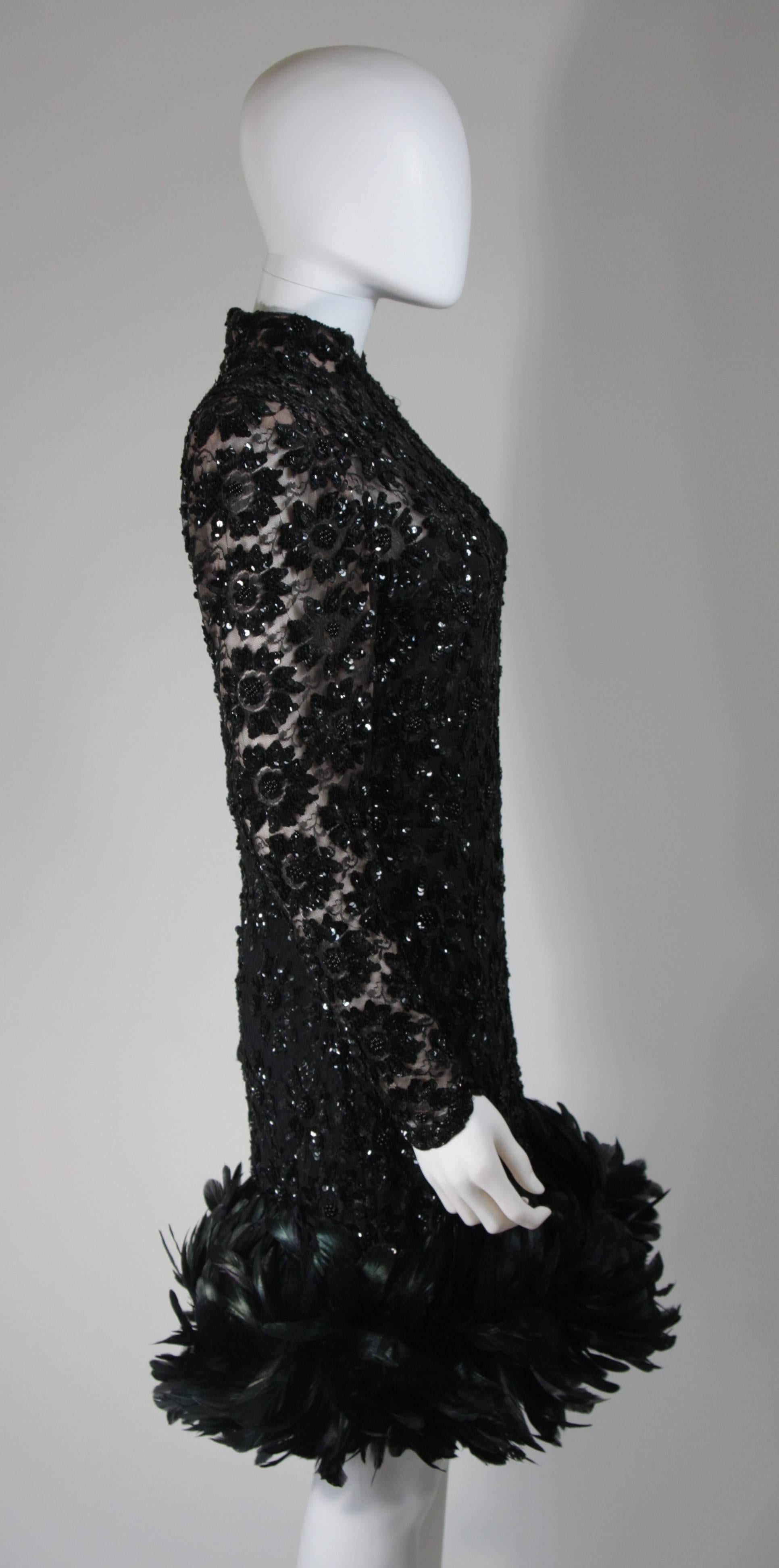 Women's Travilla Black Sequin Beaded Cocktail Dress with Feather Hem Size Small Medium For Sale