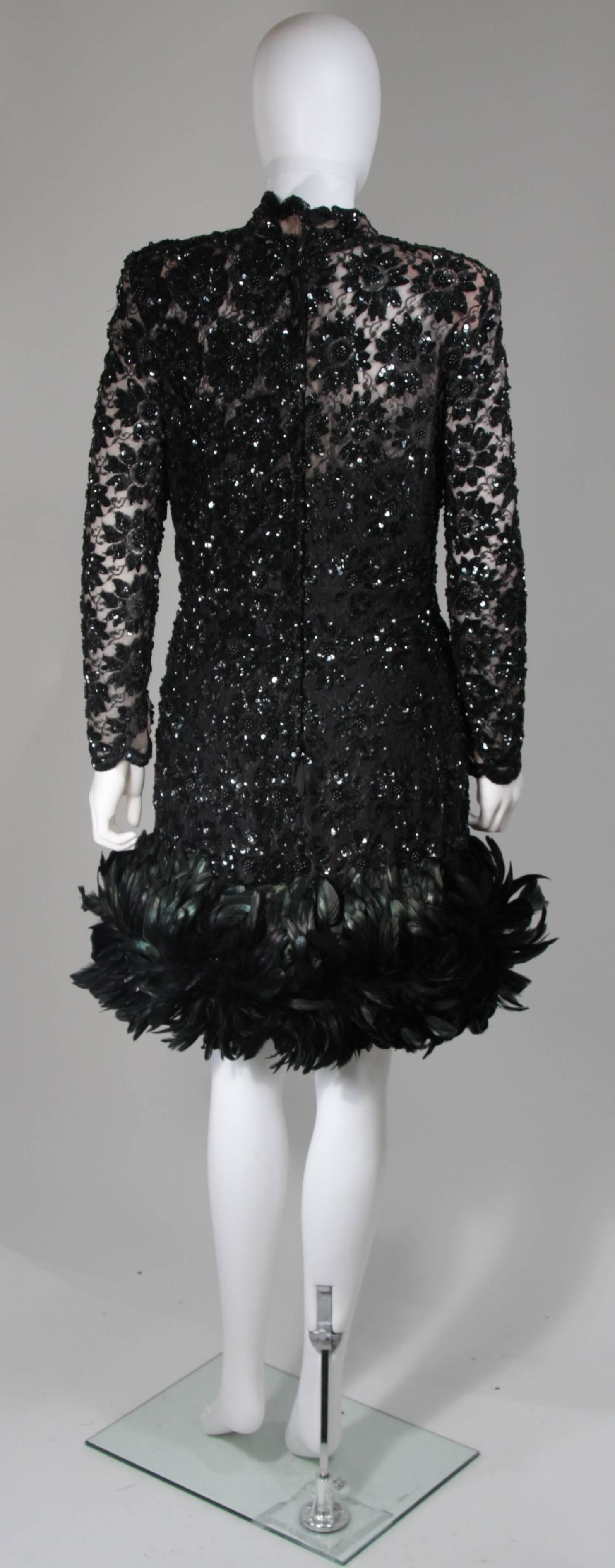 Travilla Black Sequin Beaded Cocktail Dress with Feather Hem Size Small Medium For Sale 1