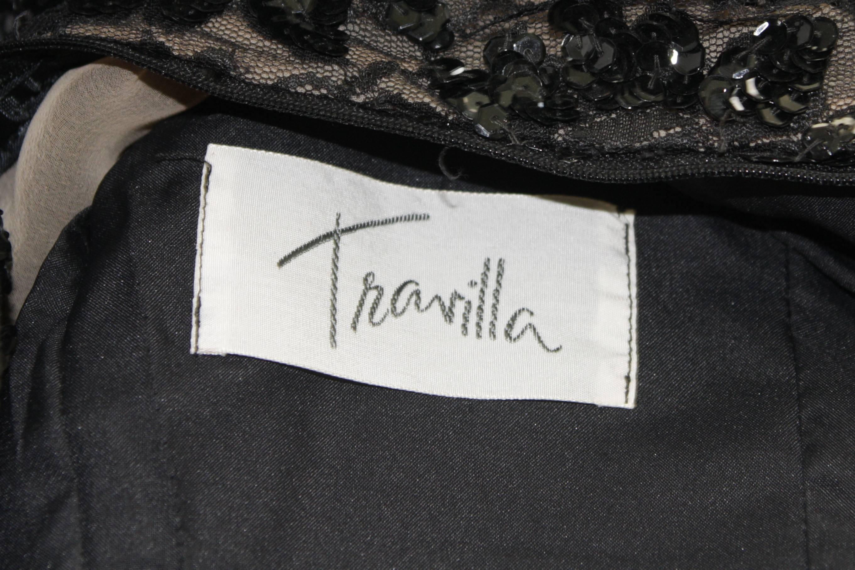 Travilla Black Sequin Beaded Cocktail Dress with Feather Hem Size Small Medium For Sale 3