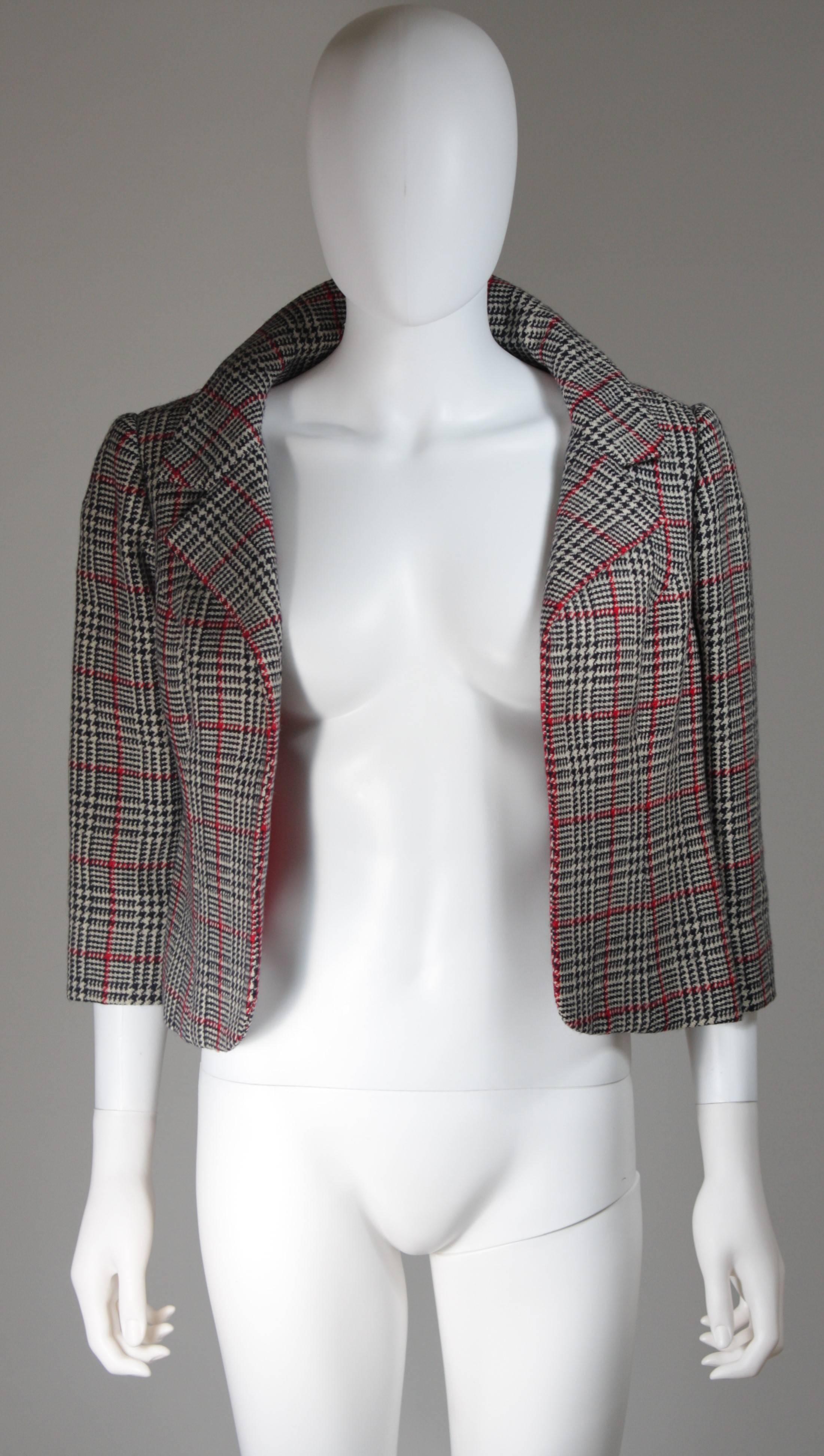 Galanos Black White and Red Wool Plaid Skirt Suit 4 Piece Size Small Medium In Excellent Condition For Sale In Los Angeles, CA