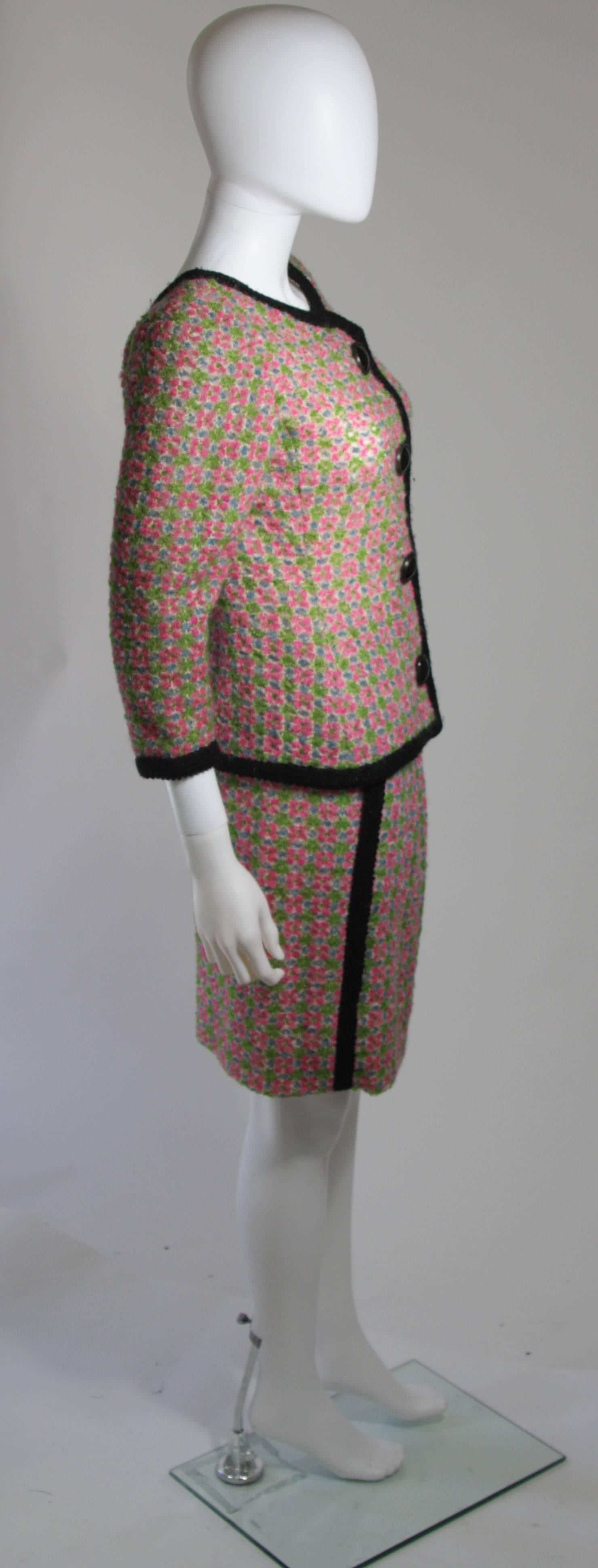 Brown Galanos Wool Skirt Suit in Green Pink White and Black Size Small Medium For Sale