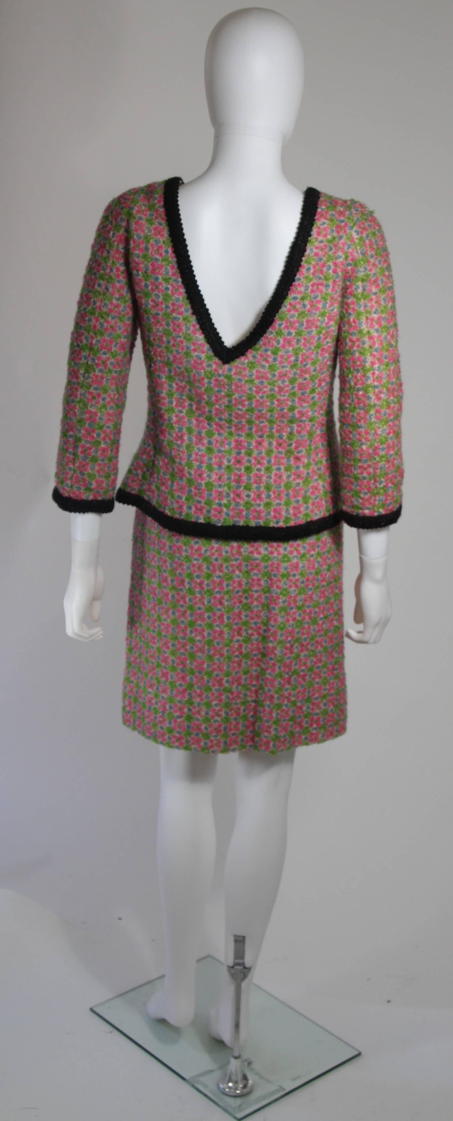 Galanos Wool Skirt Suit in Green Pink White and Black Size Small Medium In Excellent Condition For Sale In Los Angeles, CA