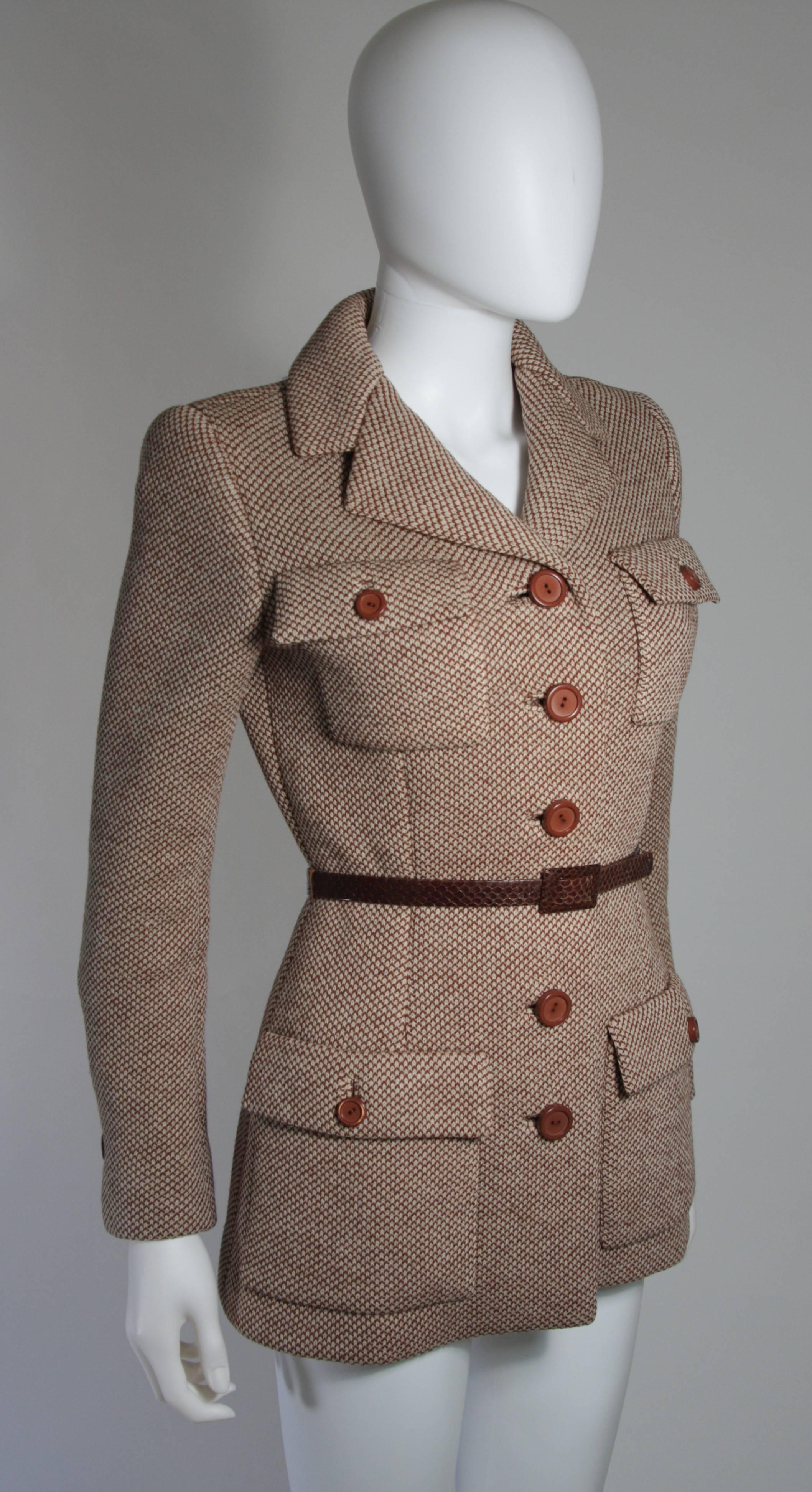 Gray Norell Brown Wool Coat with Brown Snakeskin Belt Size Small Medium