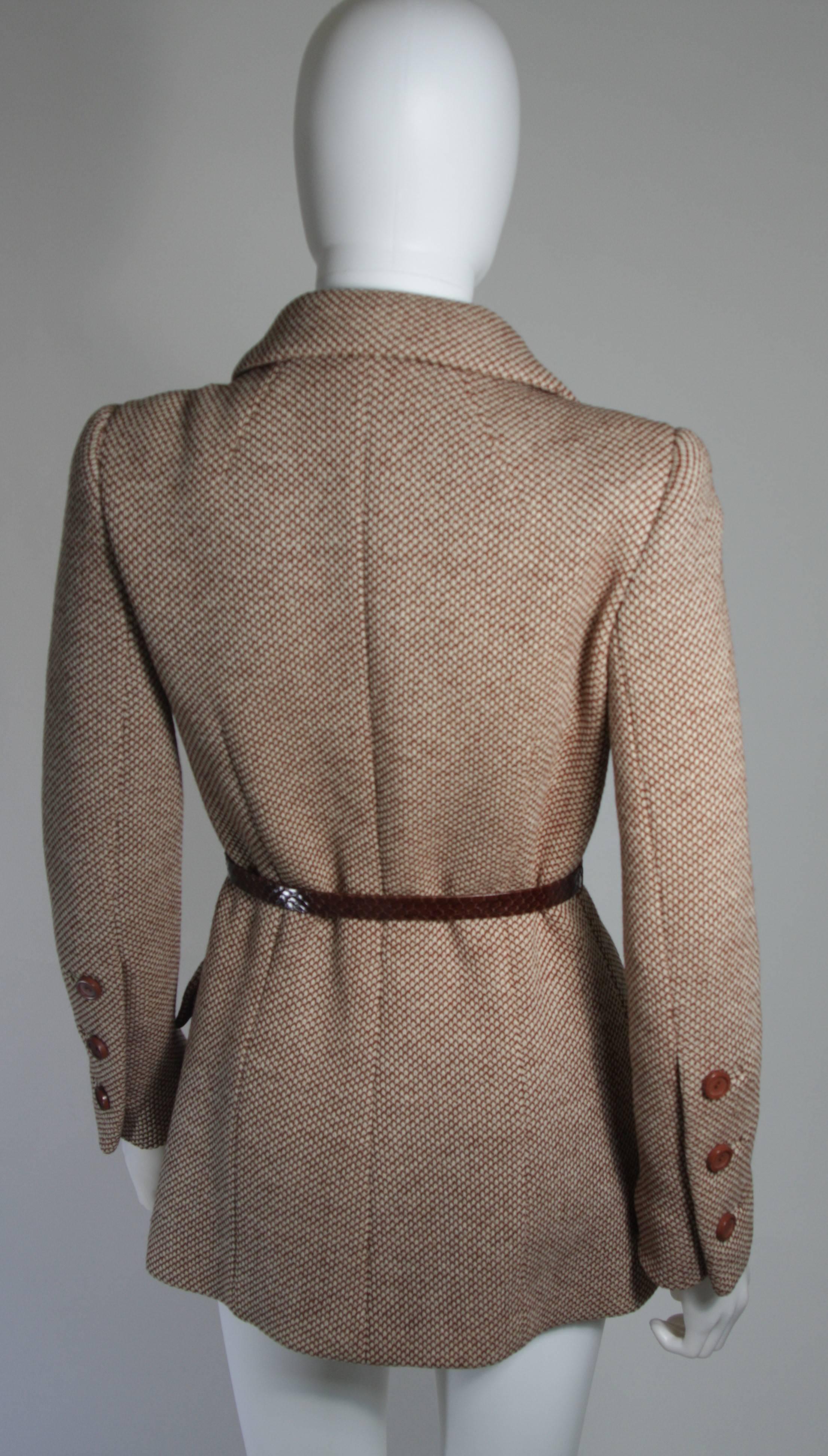 Women's Norell Brown Wool Coat with Brown Snakeskin Belt Size Small Medium
