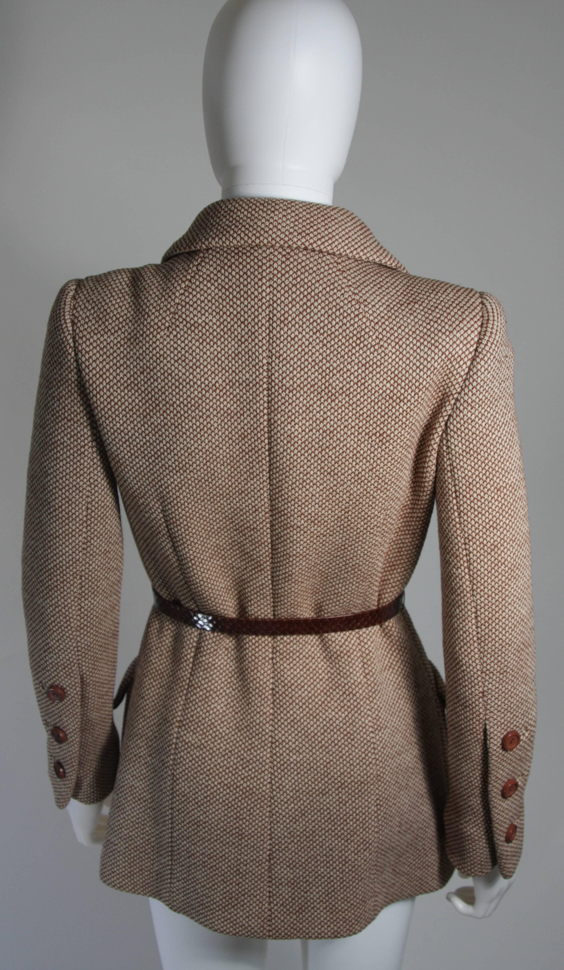 Norell Brown Wool Coat with Brown Snakeskin Belt Size Small Medium 1