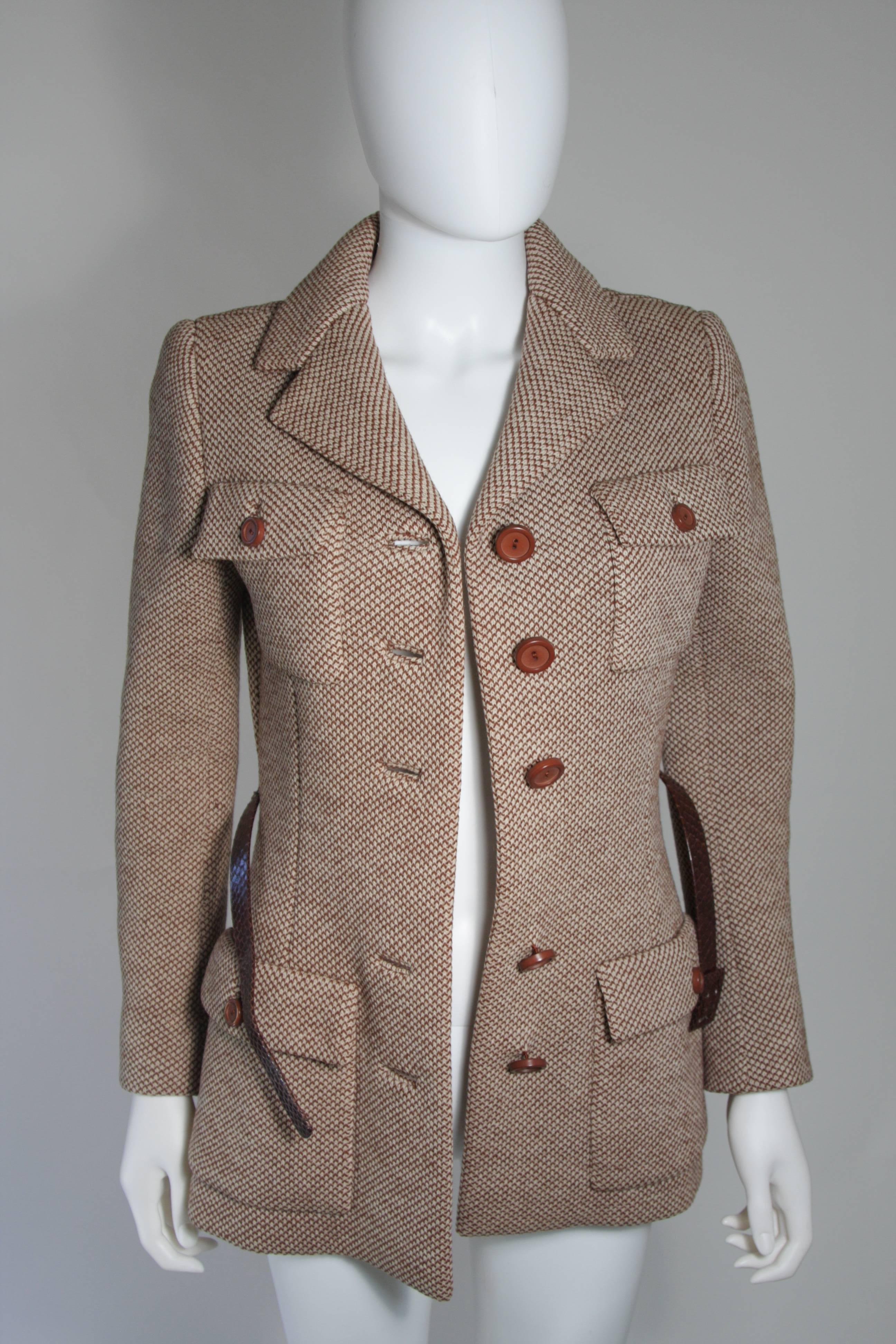 Norell Brown Wool Coat with Brown Snakeskin Belt Size Small Medium 3