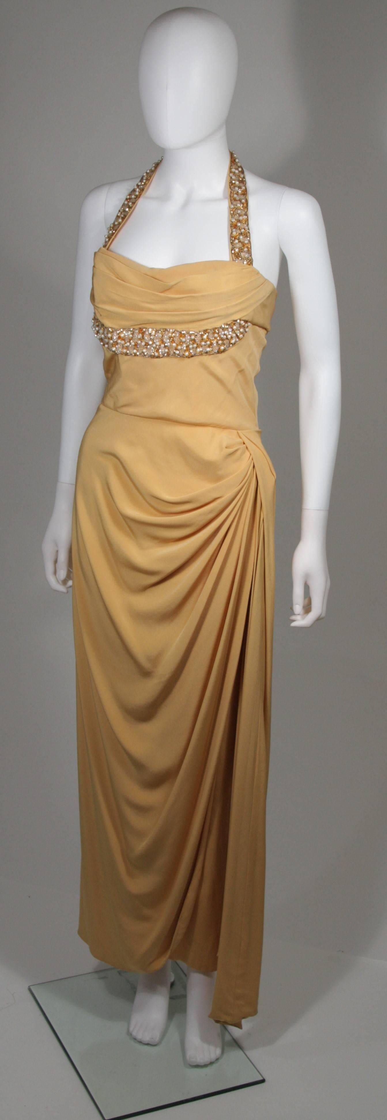 Brown Dorothy O'Hara Attributed 1940's Gold Hand Beaded Detail Halter Gown Size 4-6