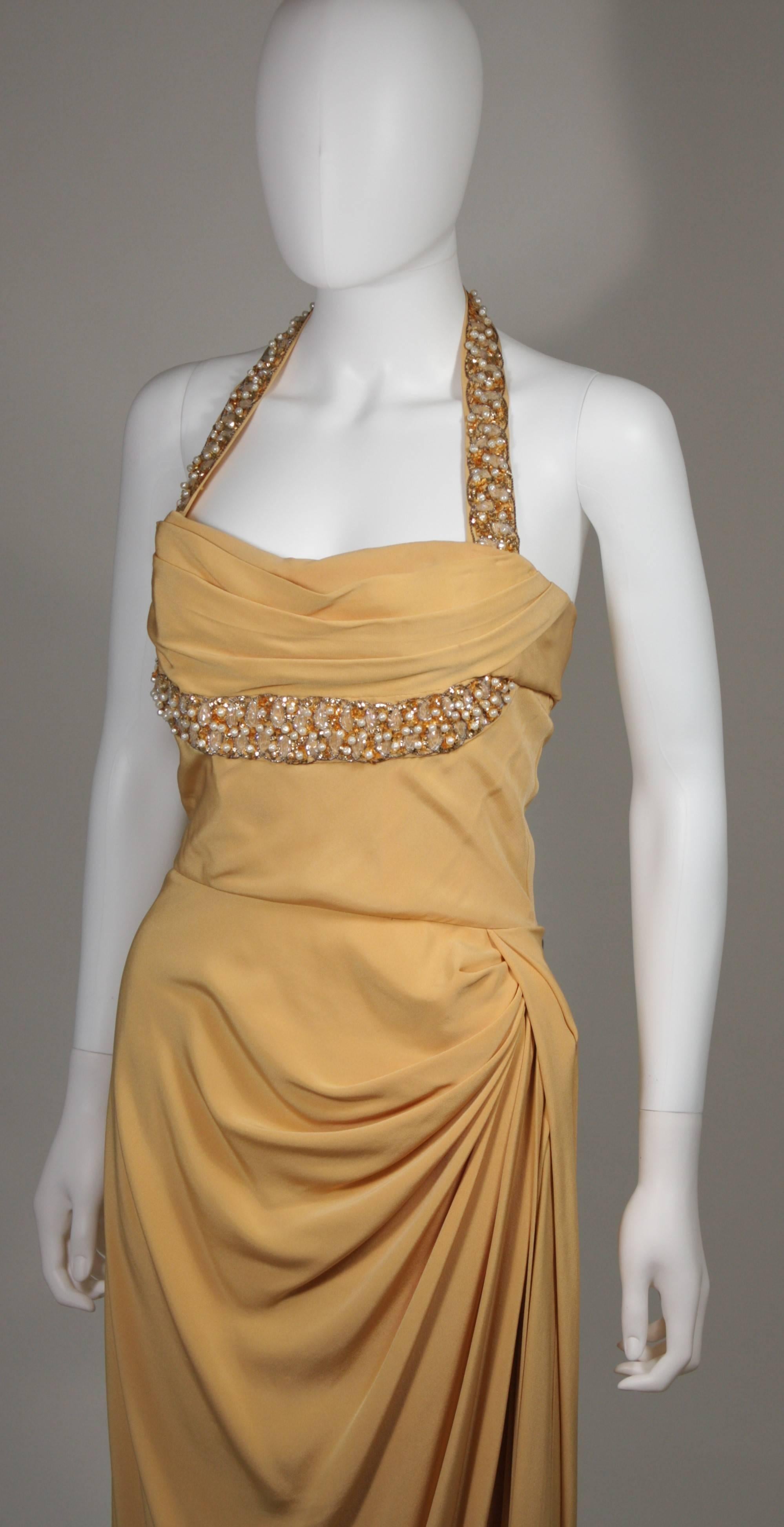Dorothy O'Hara Attributed 1940's Gold Hand Beaded Detail Halter Gown Size 4-6 In Excellent Condition In Los Angeles, CA