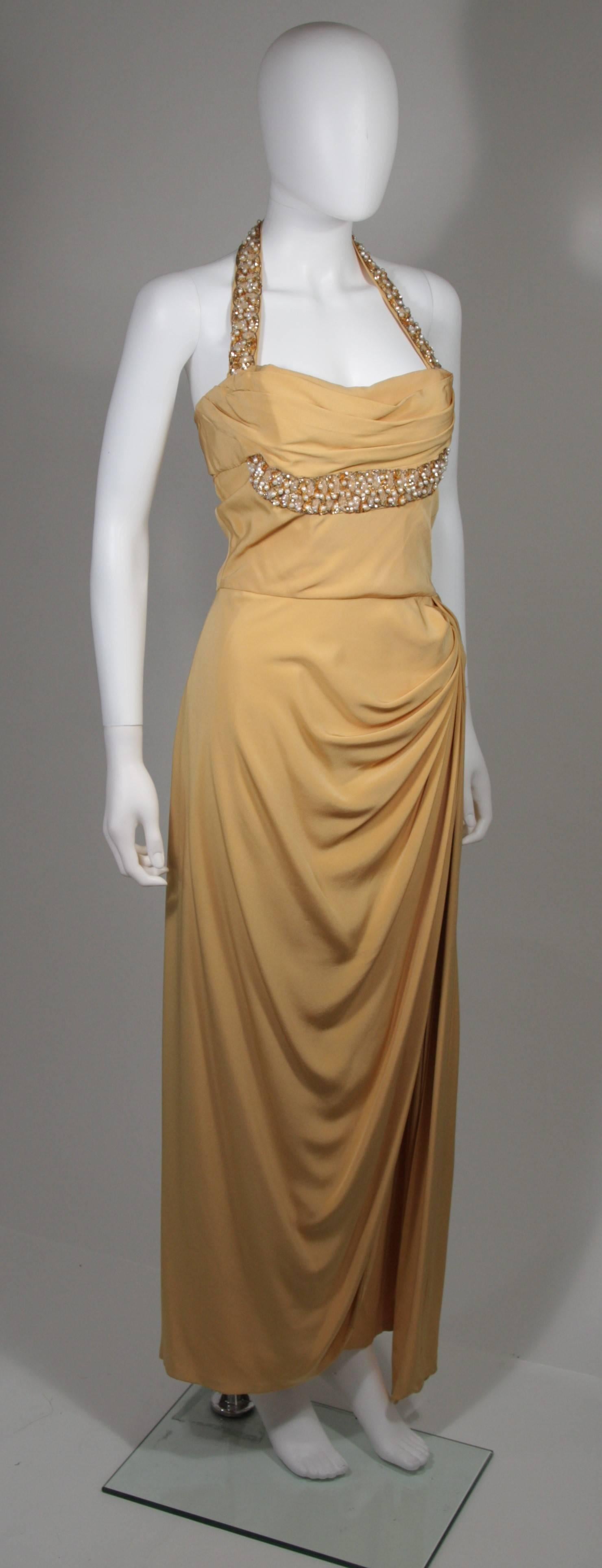 Dorothy O'Hara Attributed 1940's Gold Hand Beaded Detail Halter Gown Size 4-6 2