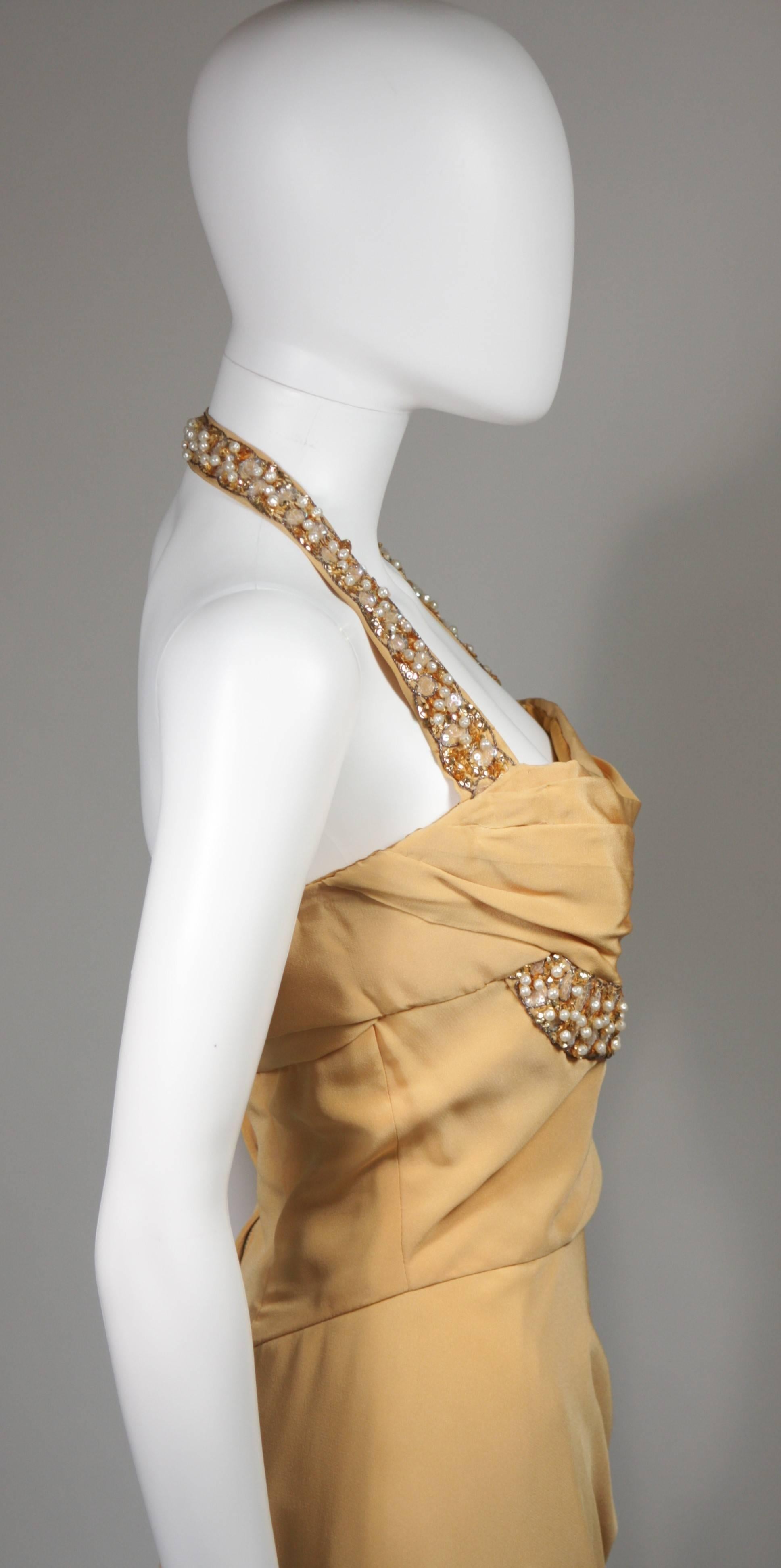 Dorothy O'Hara Attributed 1940's Gold Hand Beaded Detail Halter Gown Size 4-6 4