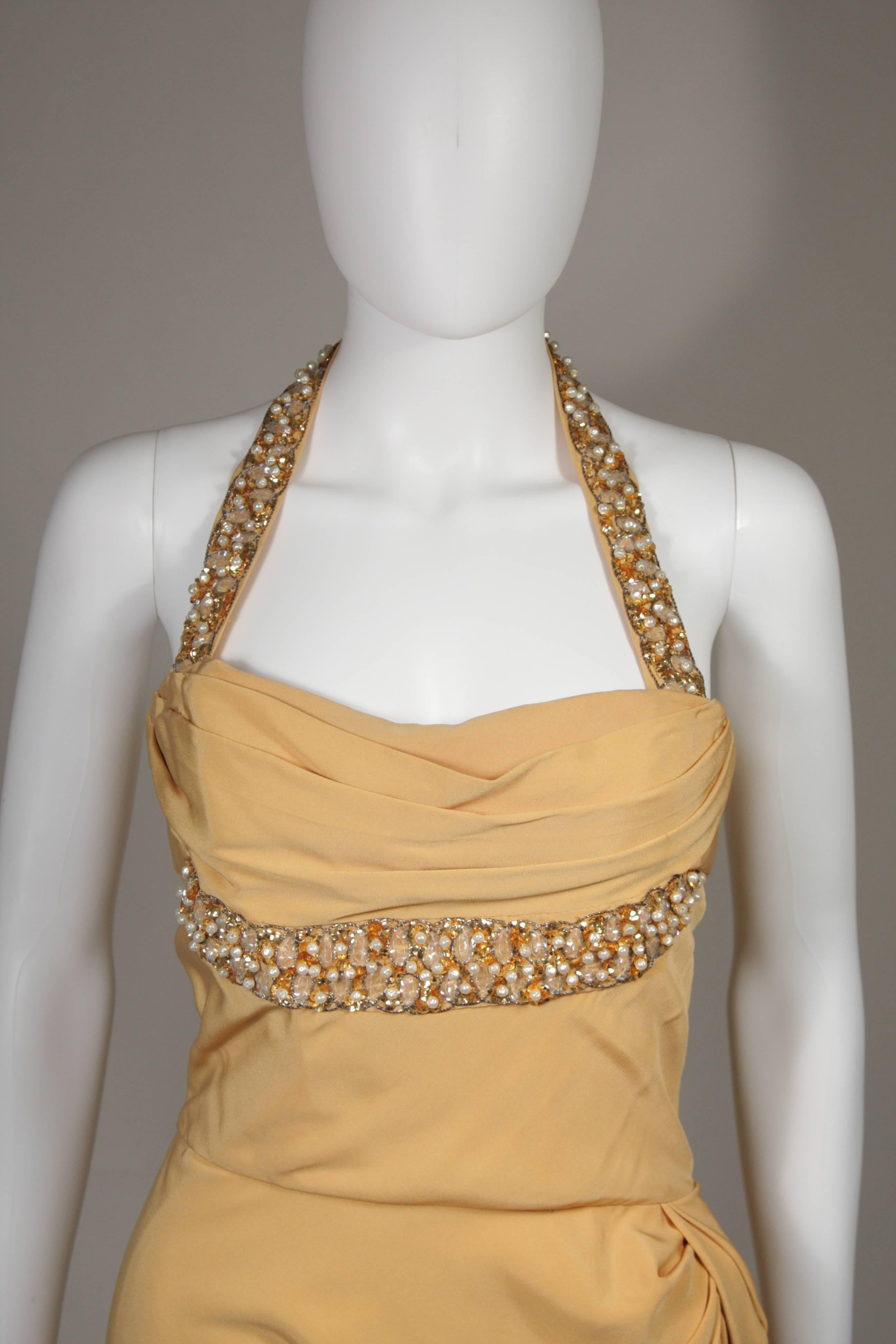 Women's Dorothy O'Hara Attributed 1940's Gold Hand Beaded Detail Halter Gown Size 4-6