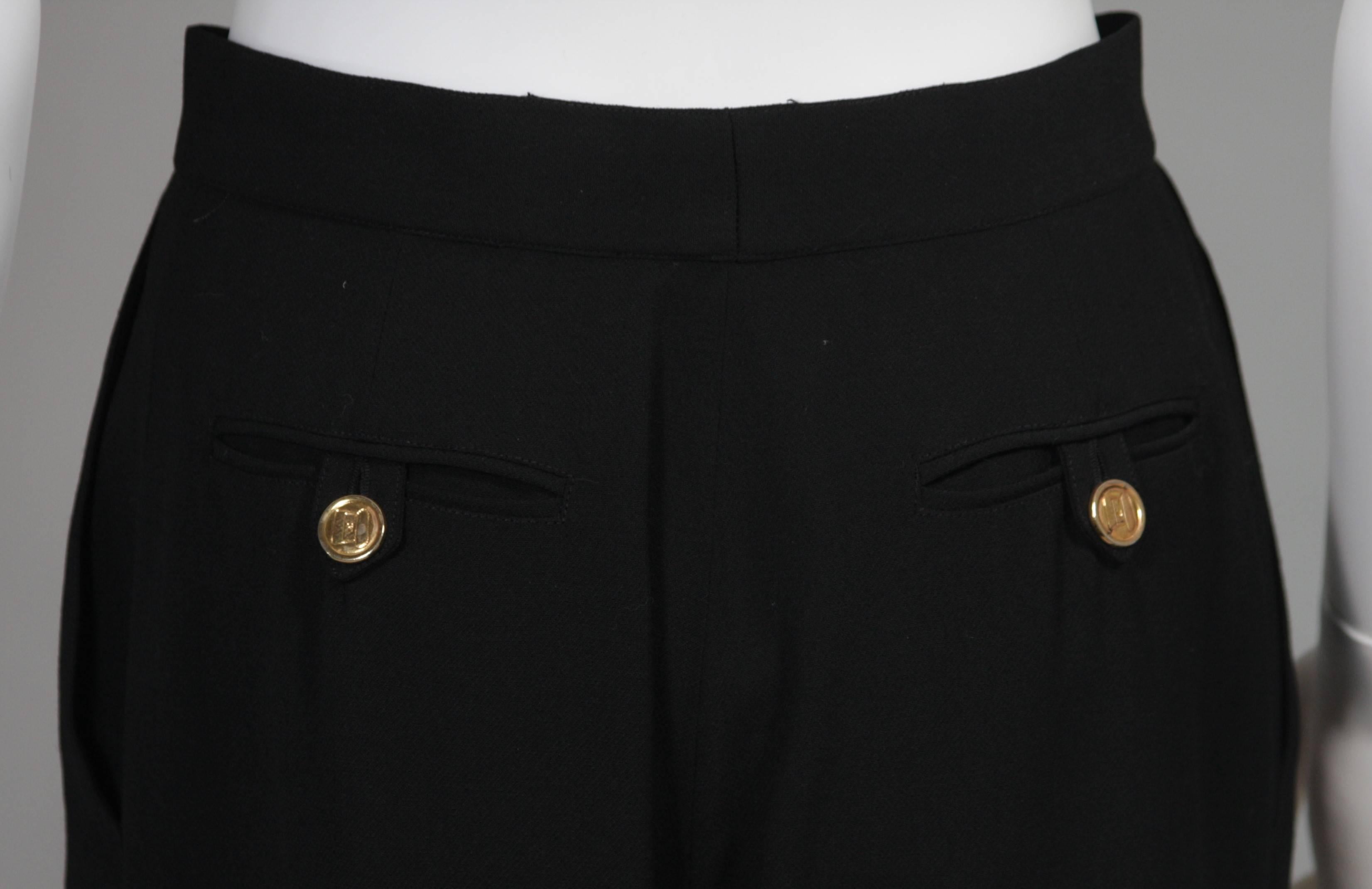 Chanel Black Wide Leg Pleated Slacks with Gold hardware Size Small 26 5