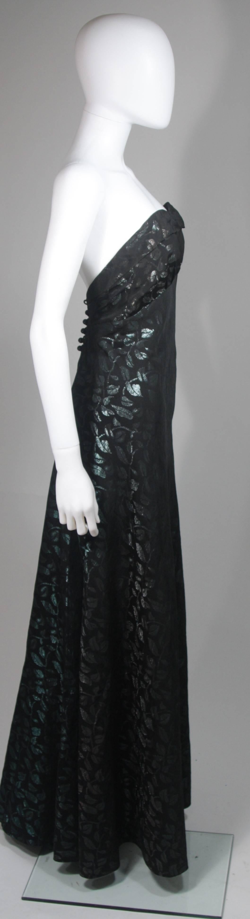 Vintage 1950s Black Evening Gown with Iridescent Green & Blue Leaf Pattern In Excellent Condition For Sale In Los Angeles, CA