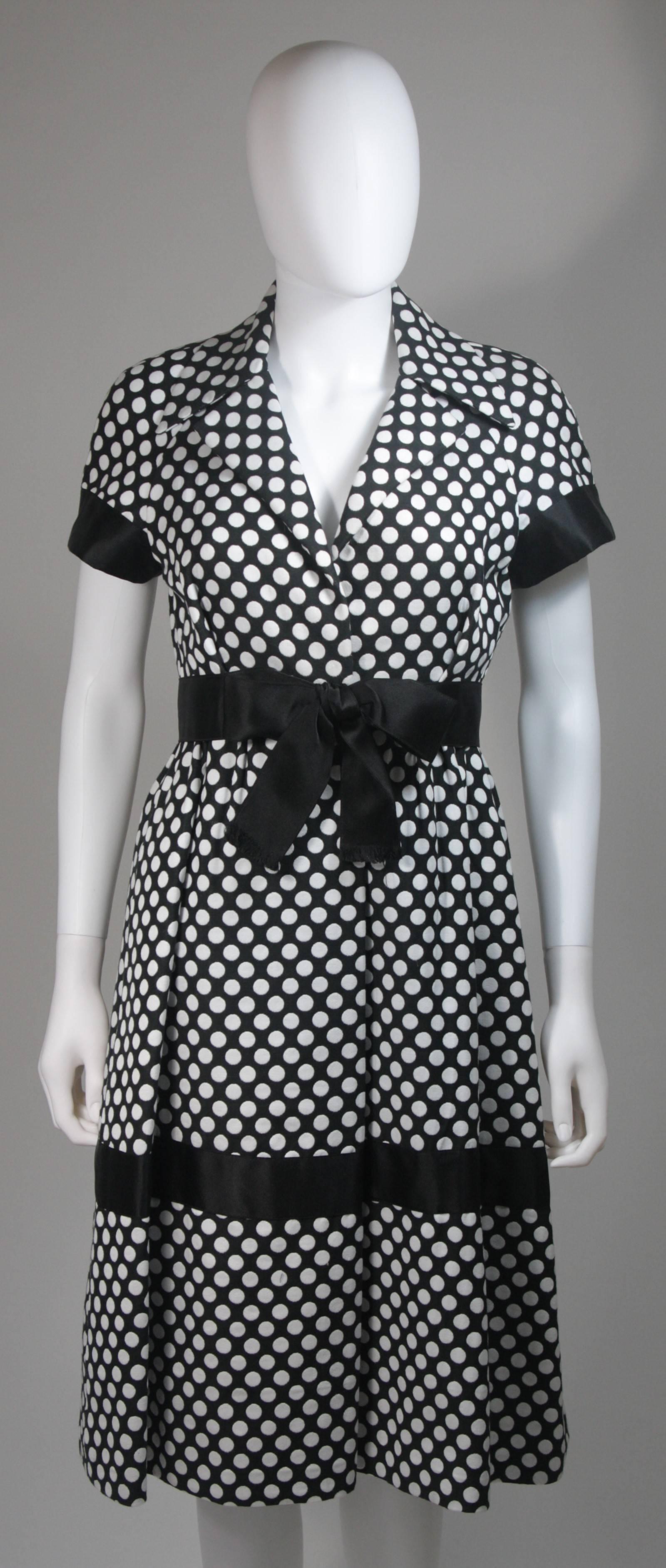 Geoffrey Beene Black and White Polka Dot Dress with Satin Trim Size Small In Excellent Condition In Los Angeles, CA