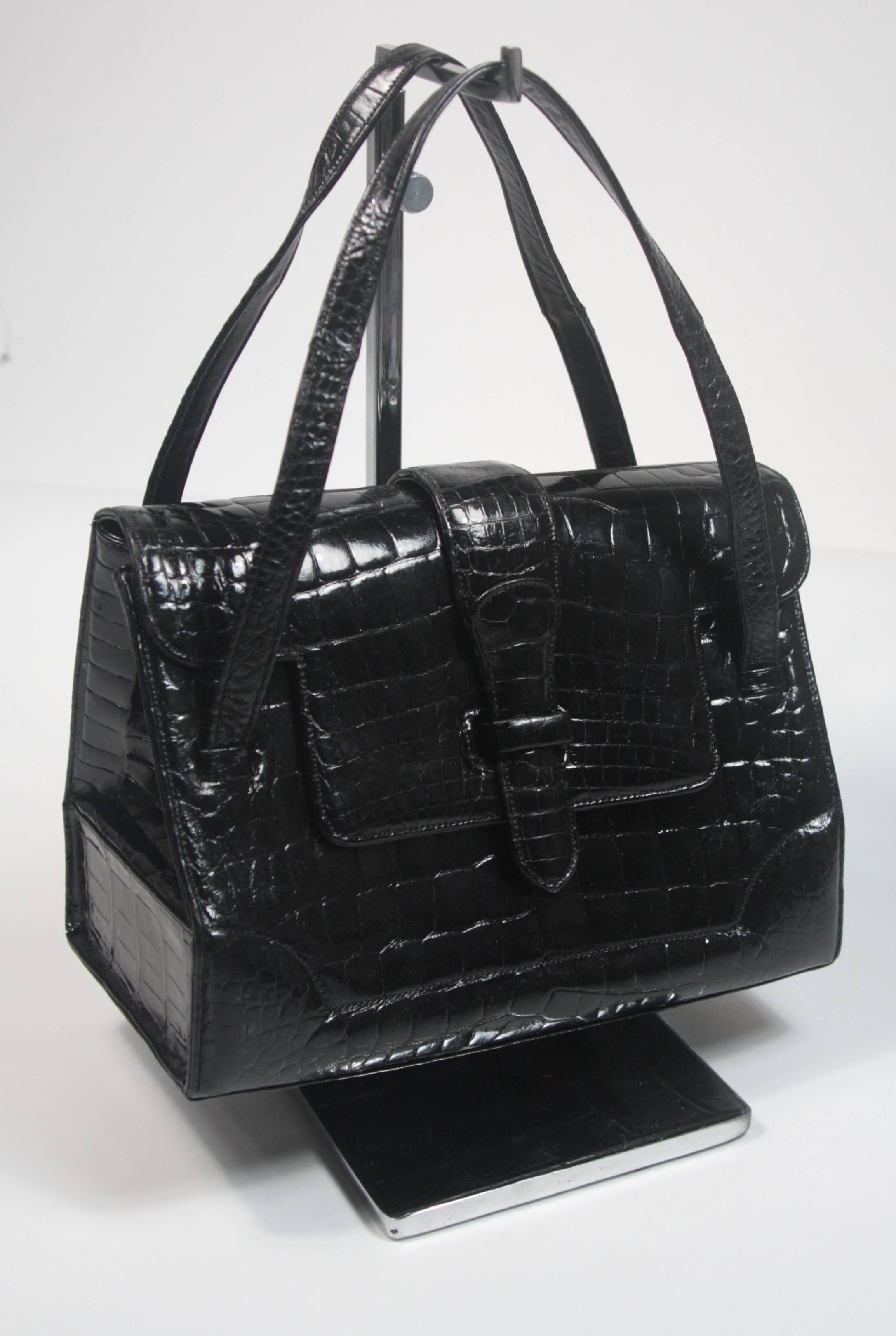 Black Lucille De Paris Structured Alligator Handbag with Double Straps
