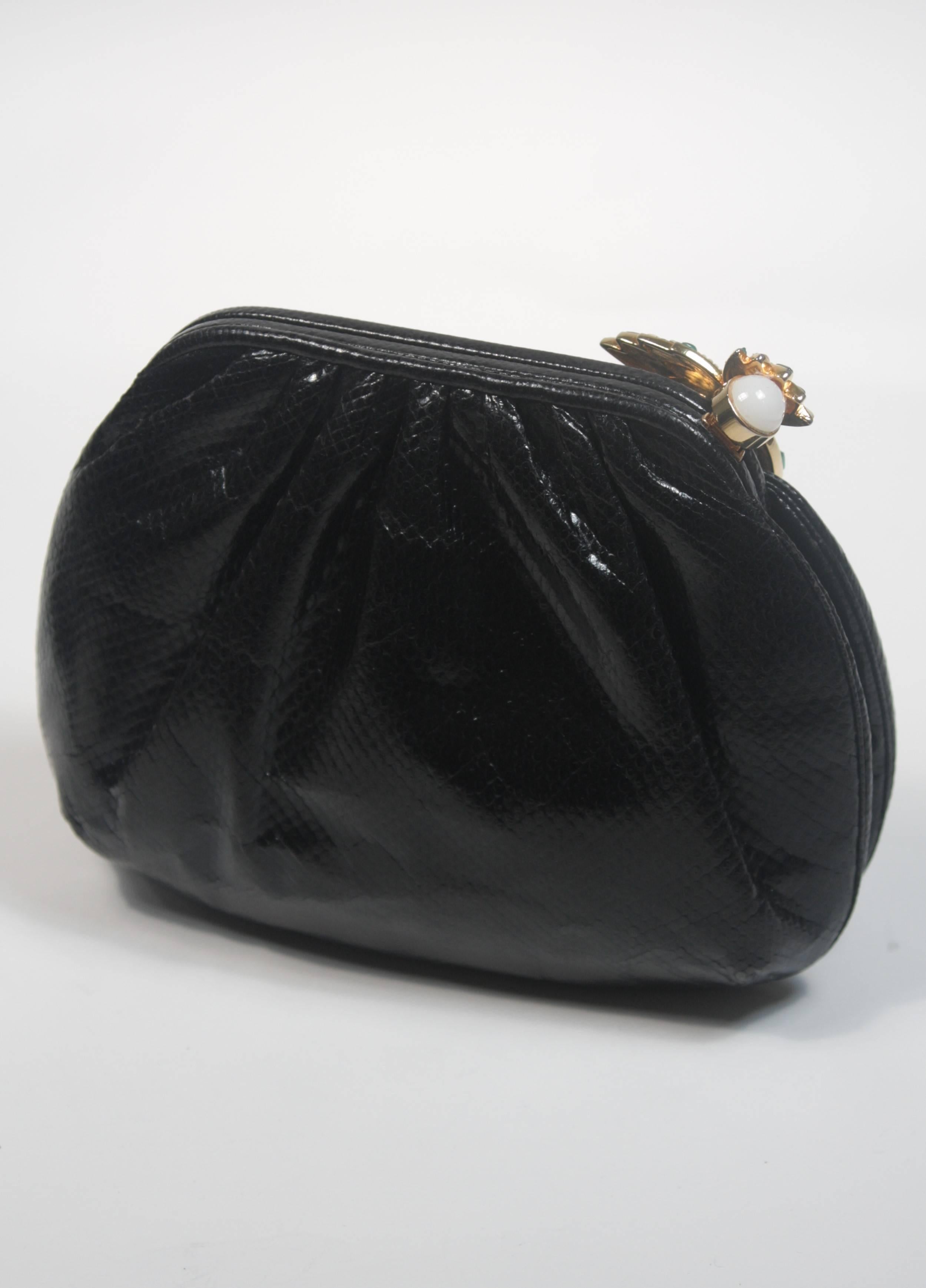 Judith Leiber Black Lizard Clutch with Jeweled Hummingbird Clasp 1