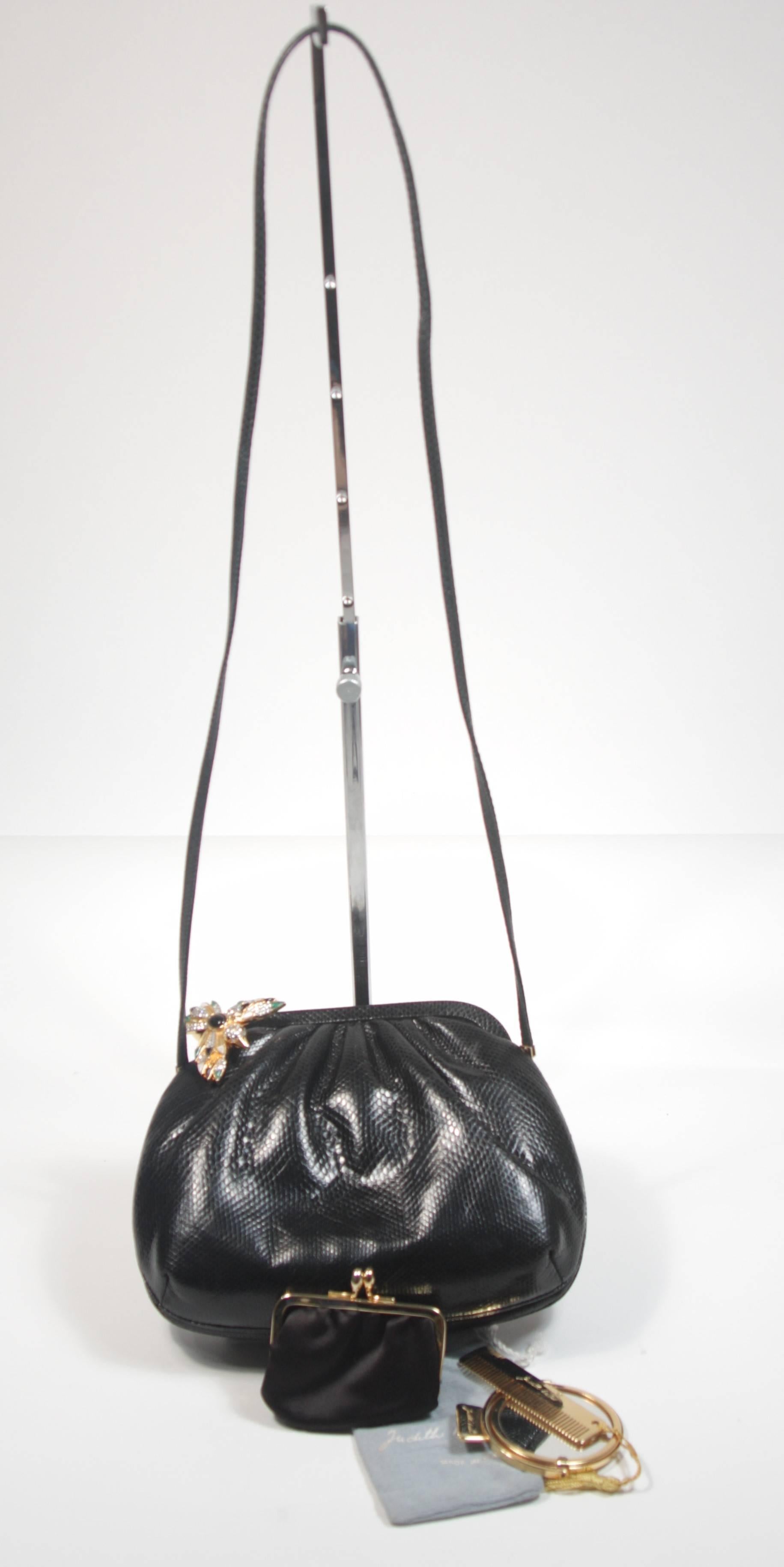 Judith Leiber Black Lizard Clutch with Jeweled Hummingbird Clasp 4