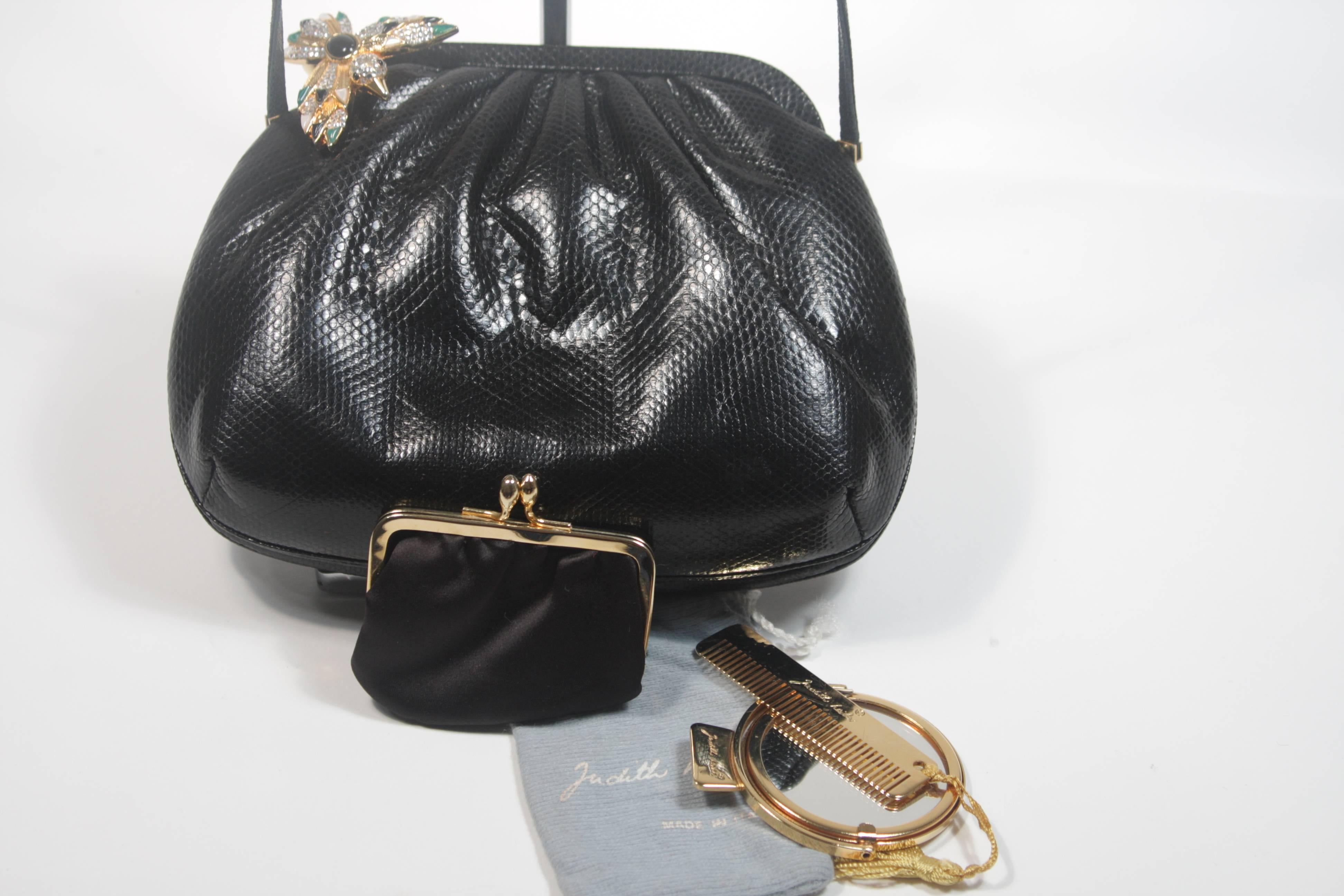 Judith Leiber Black Lizard Clutch with Jeweled Hummingbird Clasp 5