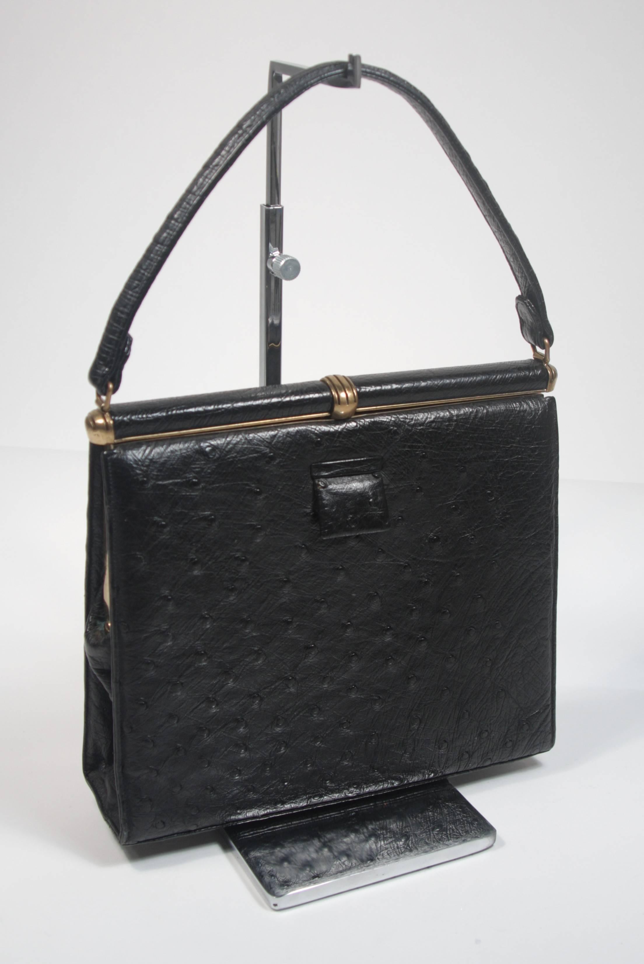 Lucille De Paris Black Ostrich Frame Handbag with Gold Hardware In Excellent Condition In Los Angeles, CA