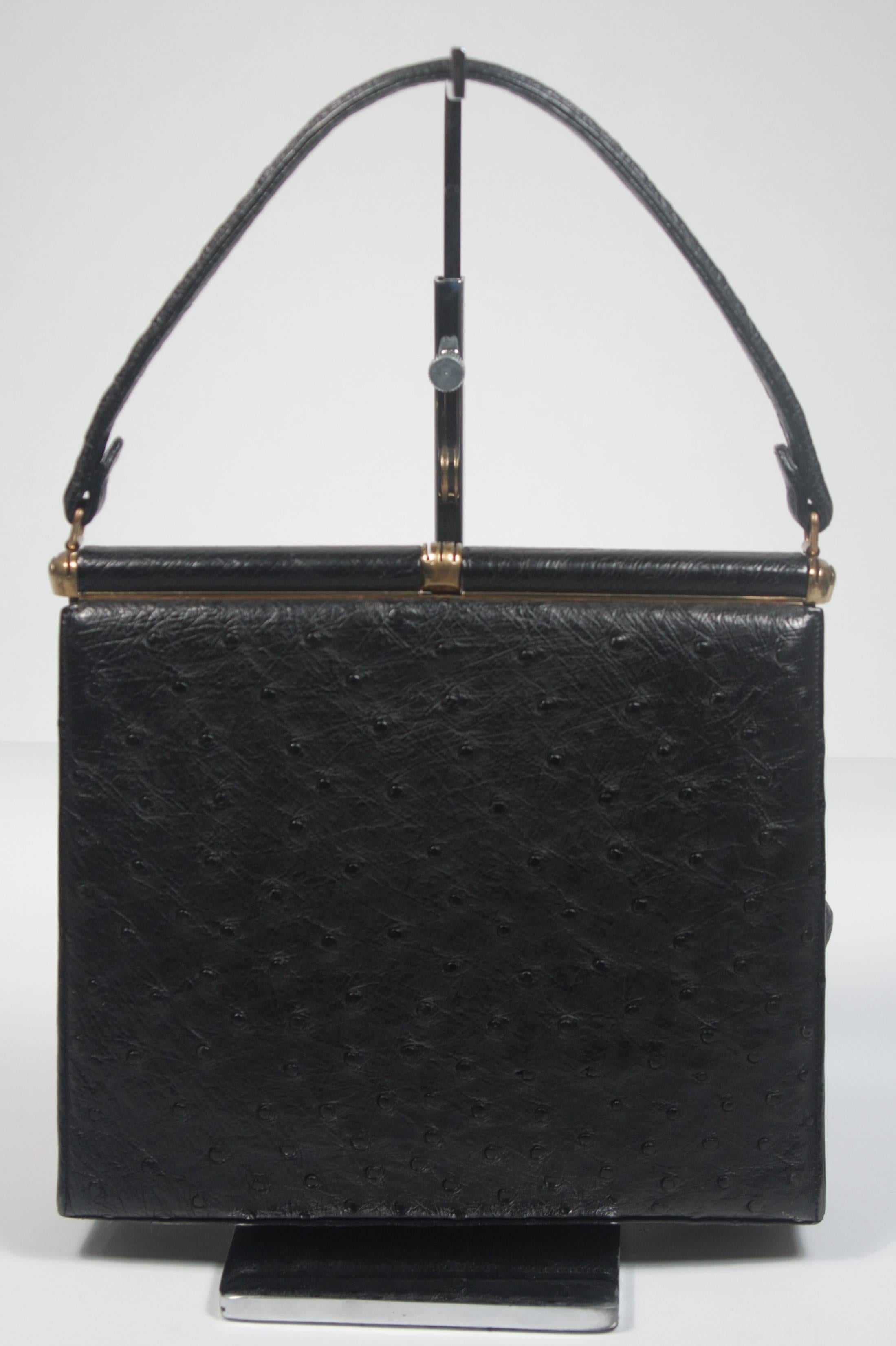 Lucille De Paris Black Ostrich Frame Handbag with Gold Hardware 2