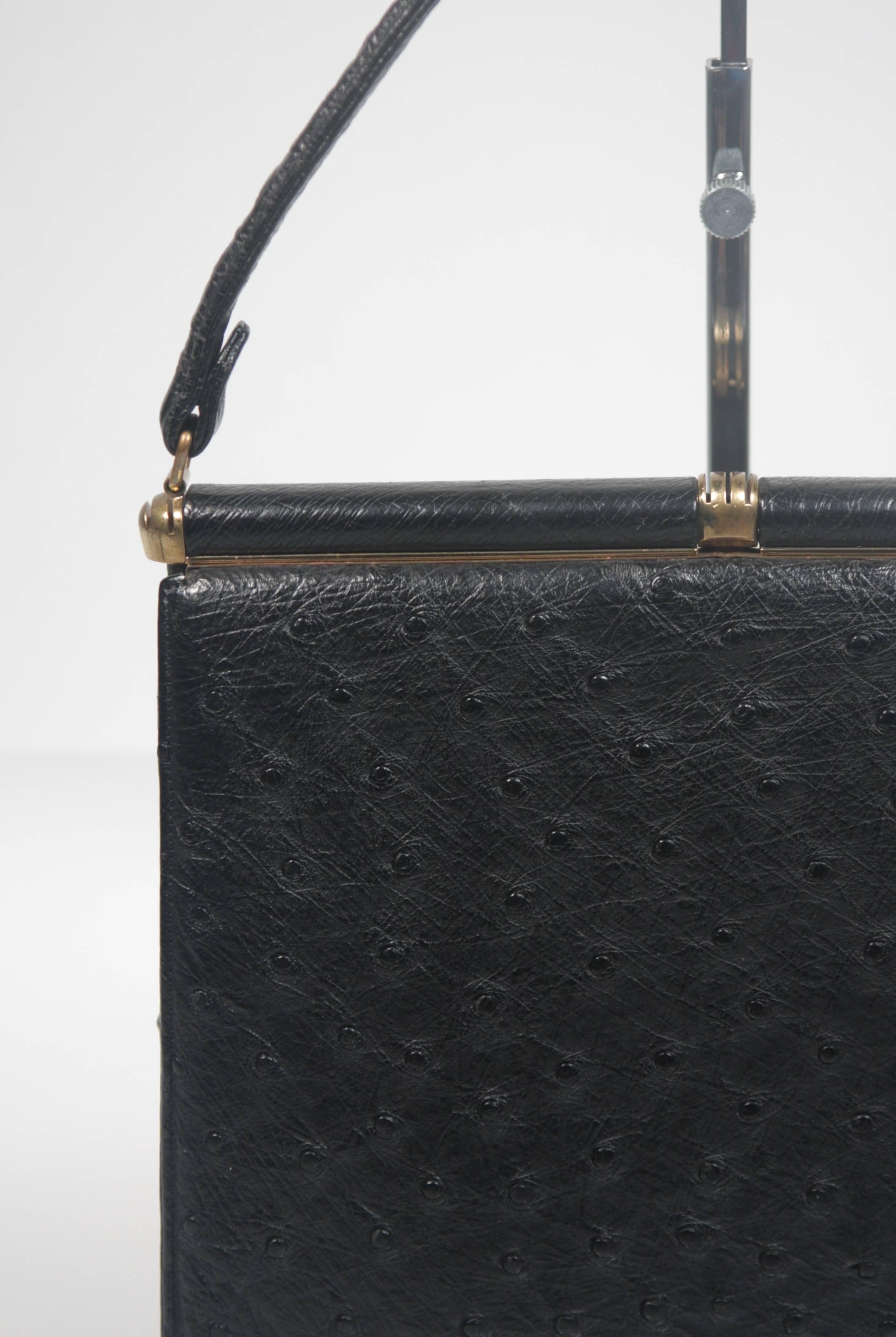 Women's Lucille De Paris Black Ostrich Frame Handbag with Gold Hardware